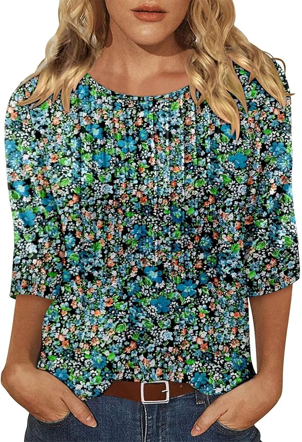 KISSMODA Tunic Tops for Women Loose Fit Dressy Round Neck Pleated 3/4 Length Sleeve Spring Tops