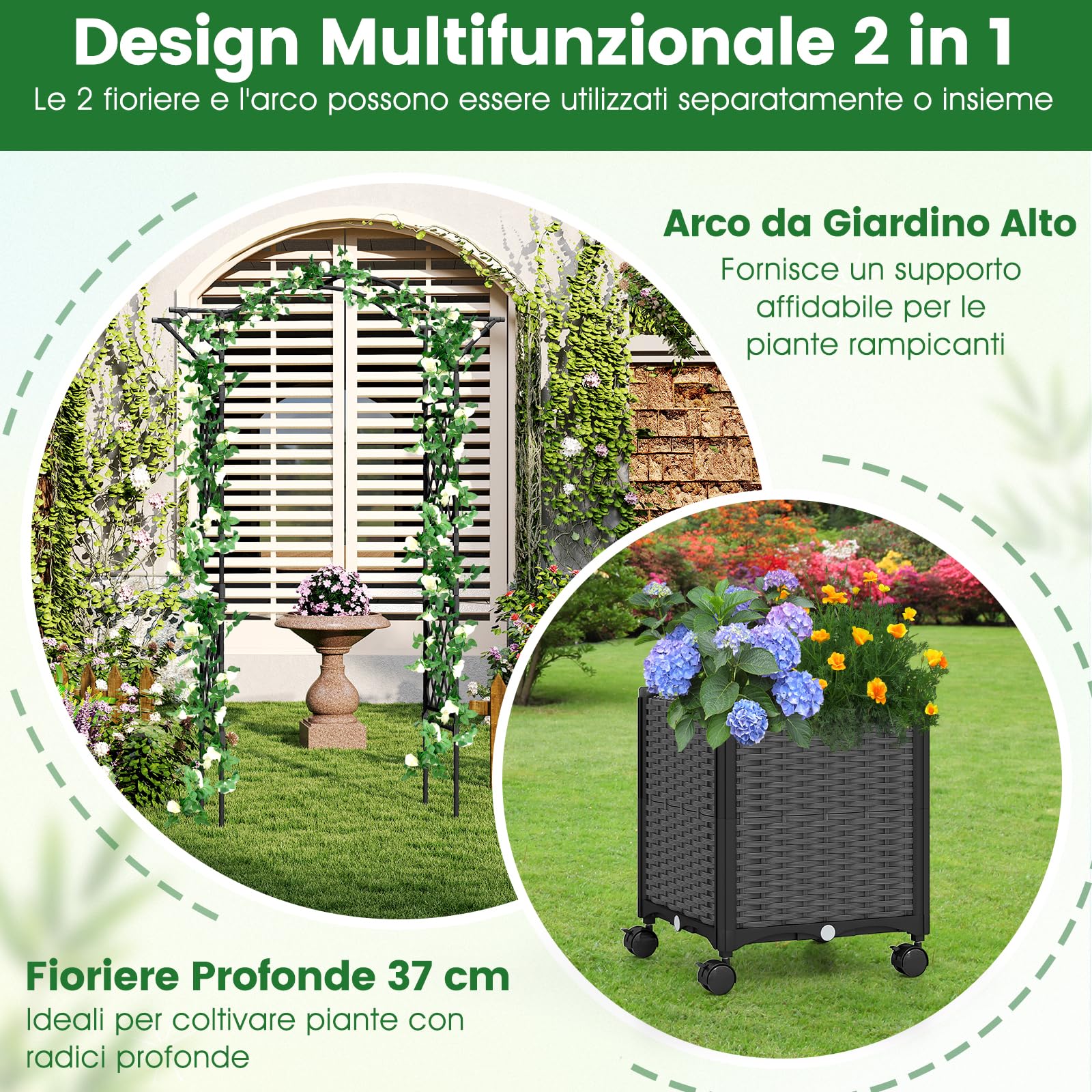 COSTWAY Arco da Giardino con 2 Fioriere Auto-irriganti e Ruote, Supporto per Piante in Metallo Rivestita PE Antiruggine, Grande Arco per Viti e Rose da Matrimonio all'Aperto (Grigio)