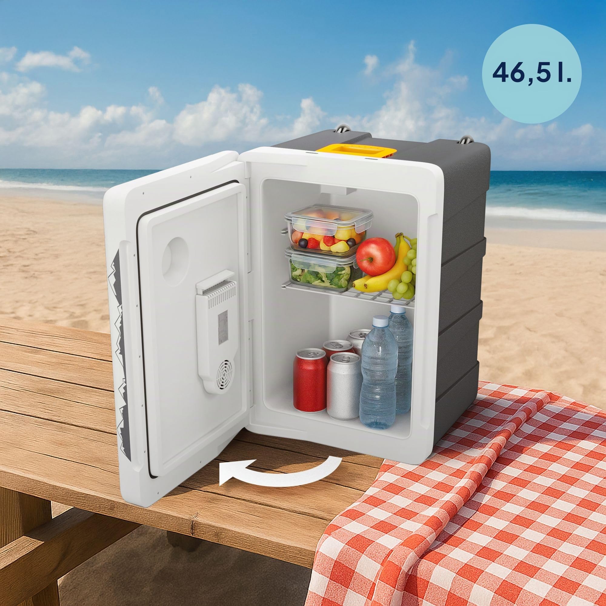 peme Essential Glacière Électrique 46,6L - Refroidisseur et Chauffe-Plats, Double Alimentation 12V & 230V, Mode Éco, Roulettes & Poignée, Ultra Silencieuse, pour Voiture, Camping, Roadtrips