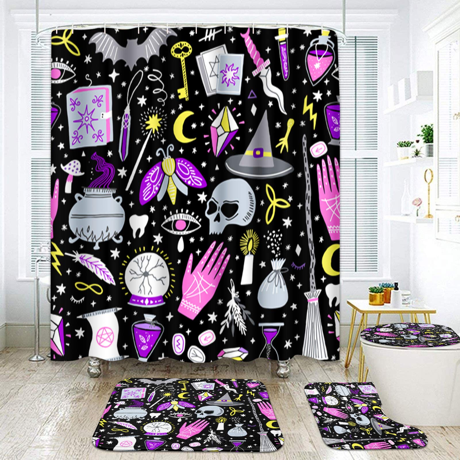 ArtSocketBlack Mystic Bathroom Sets with Shower Curtain and Rugs and Accessories Halloween Purple Magic Witch Witchcraft Shower Curtain Sets Esoteric Shower Curtains for Bathroom Decor 4 Pcs