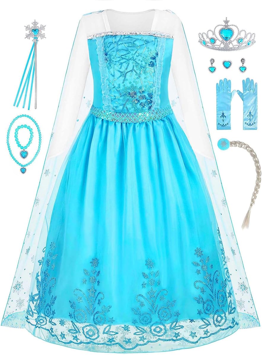 knemmy Robe de princesse pour filles - Costume d'Halloween pour cosplay, Noël, fête d'anniversaire - Bleu