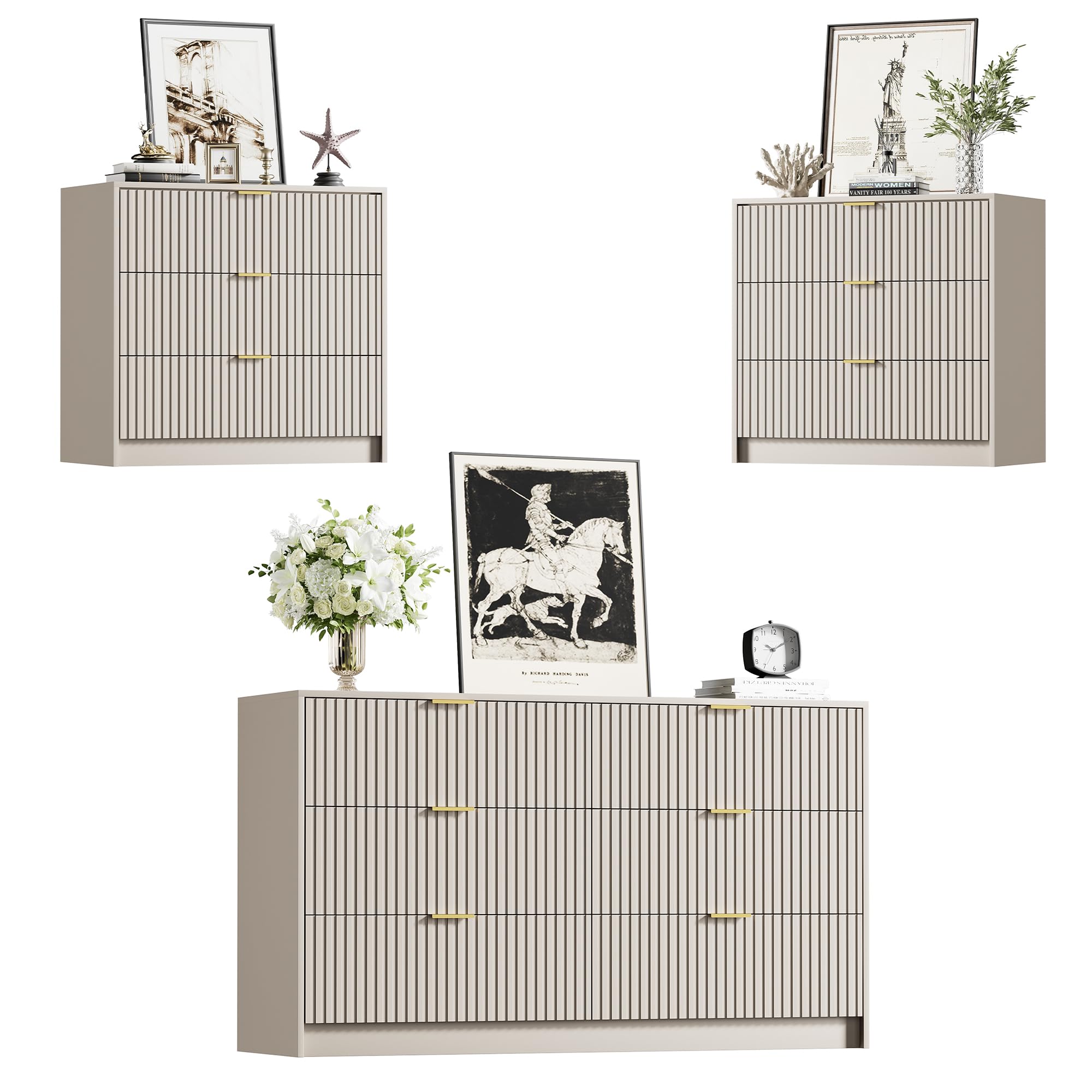 3 Piece Modern Bedroom Set, 6 Drawer Dresser with 2 Nightstands, Beige