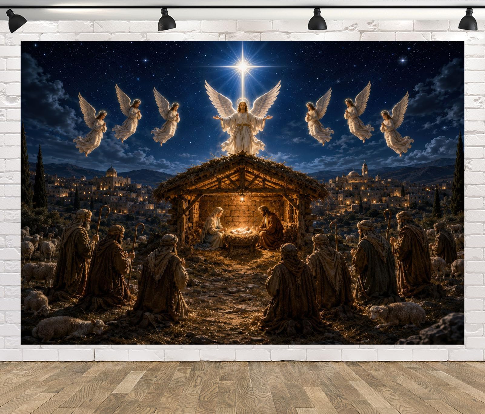 12x8FT (3.6x2.5m) Angeli Sopra Presepe Affollato Sfondo Fotografico