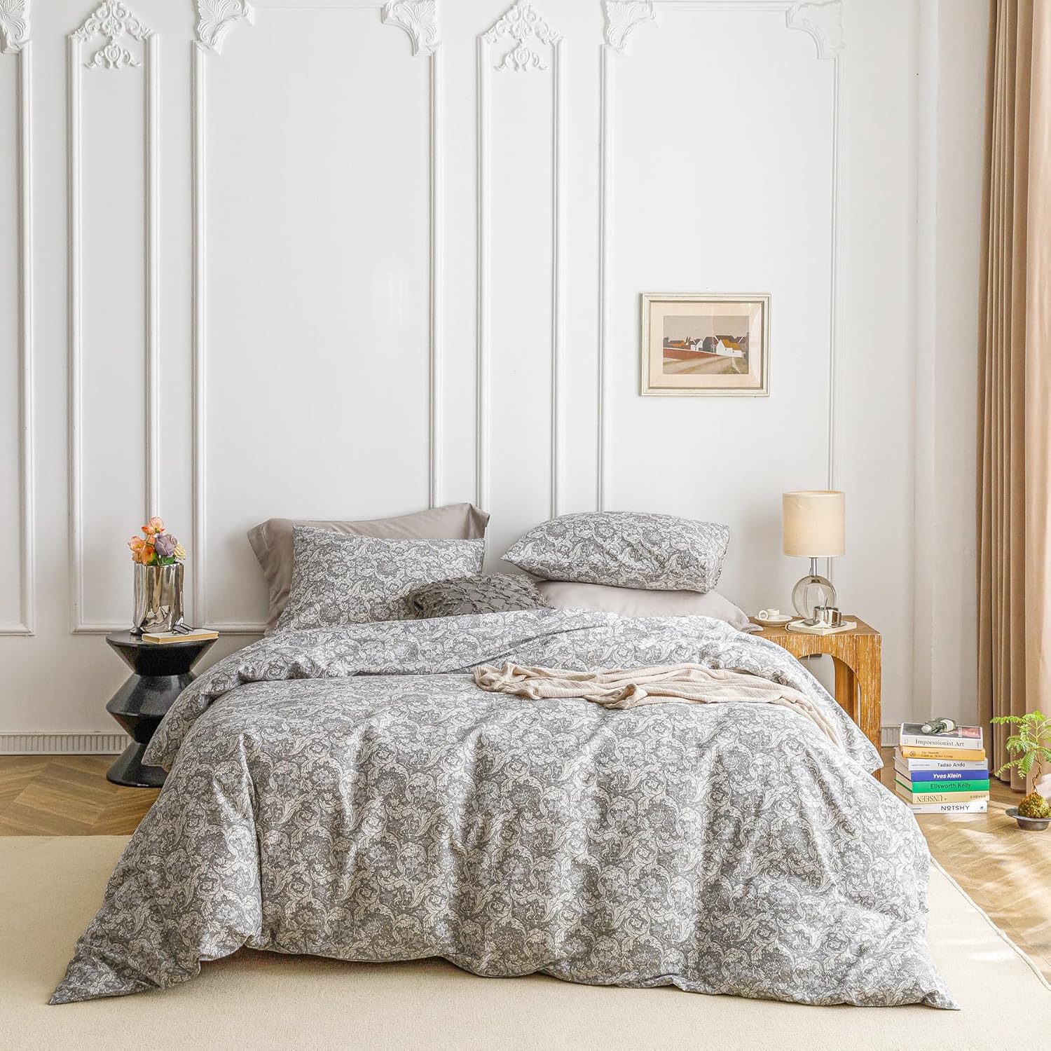 SUSYBAO Gray Paisley Duvet Cover Queen 100% Cotton 3 Pcs Set 1 Classical Boho Floral Duvet Cover with Zipper Ties 2 Pillowcases European Style Grey Bohemian Flower Bedding Set Soft