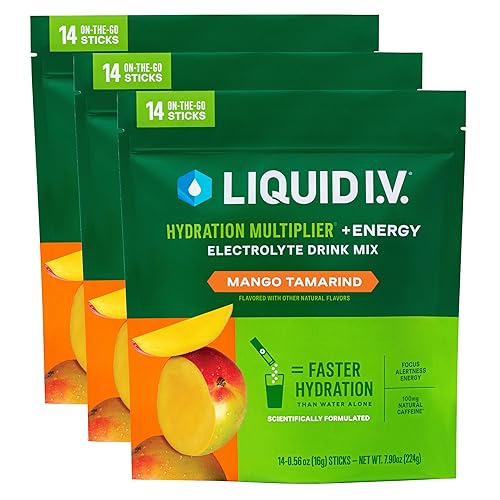 Liquid I.V.® Hydration Multiplier +Energy - Mango Tamarind | Electrolyte Powder Drink Mix | 3 Pack (42 Servings) - Mango Tamarind