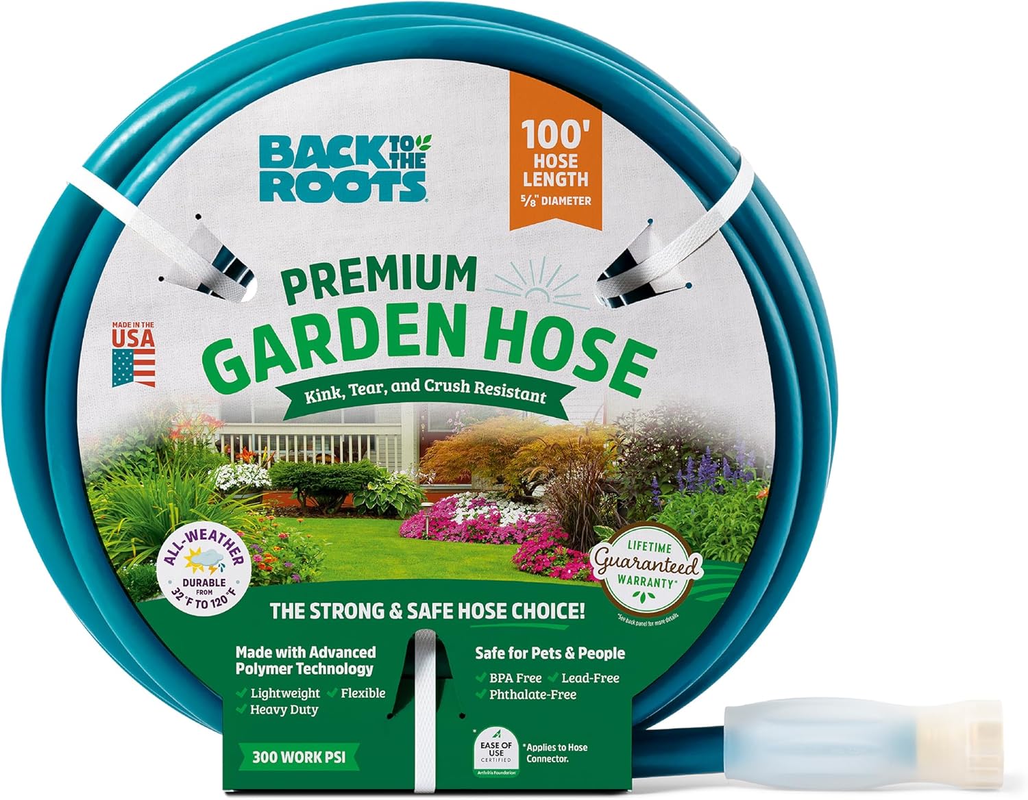 Back To The Roots 5/8" x 100ft Garden Hose – Lightweight, Ultra Flexible, Drinking Water Safe, BPA-Free, Lead-Free, Phthalate-Free, Ideal for Organic Gardening, Pets, Boats, and RVs - Made in USA