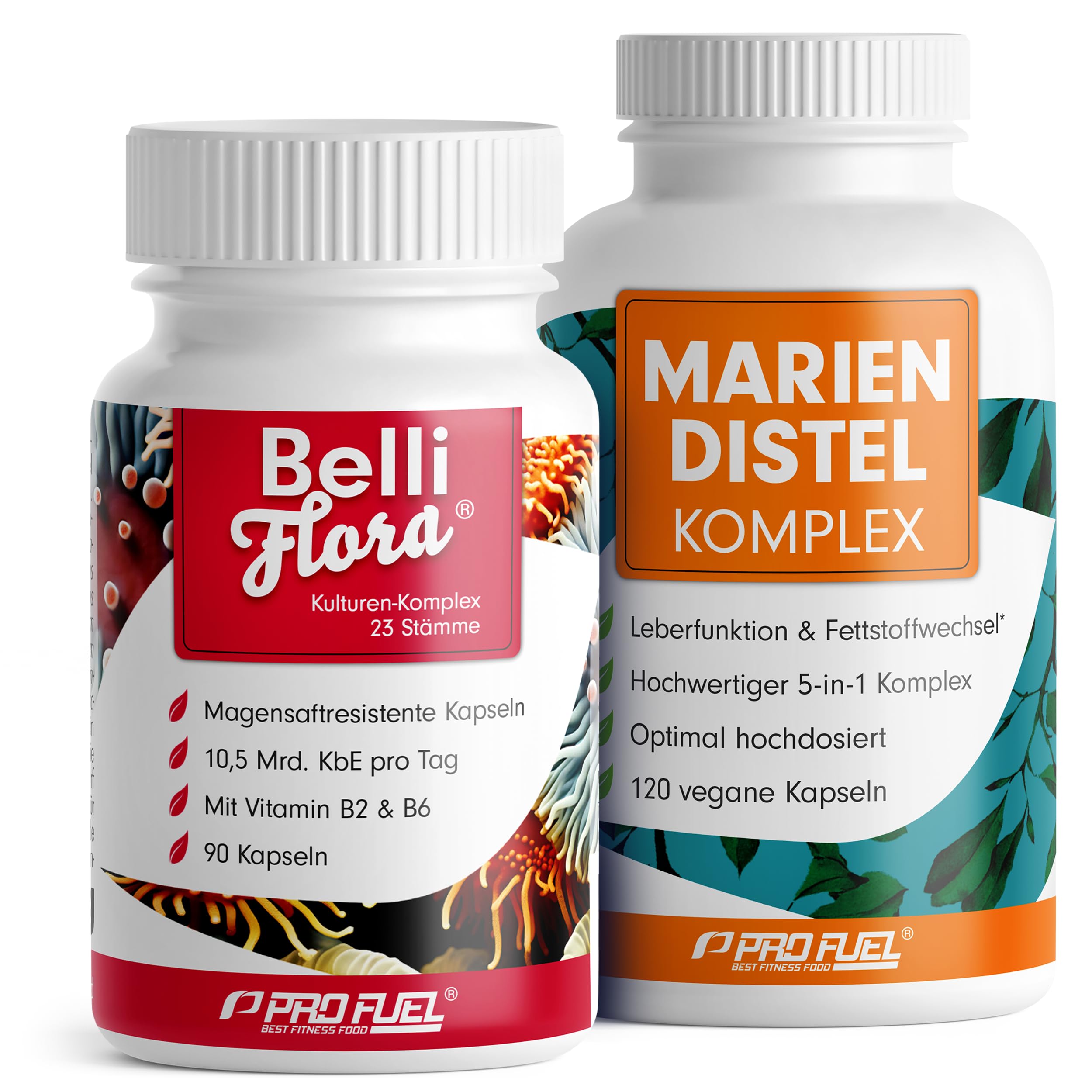 Set: Mariendistel Komplex + BelliFlora® Kulturen-Komplex - 120x Mariendistel-Kapseln mit Artischocke, Löwenzahn, Desmodium & Cholin + 90x BelliFlora® Kapseln mit 23 wertvollen Bakterienstämmen