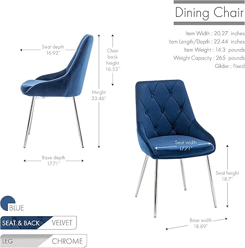 Miniatura 2 de Porthos Home Tam - Juego de 2 sillas de comedor tapizadas en terciopelo suave y mechones clásicos con botones, patas cromadas plateadas resistentes