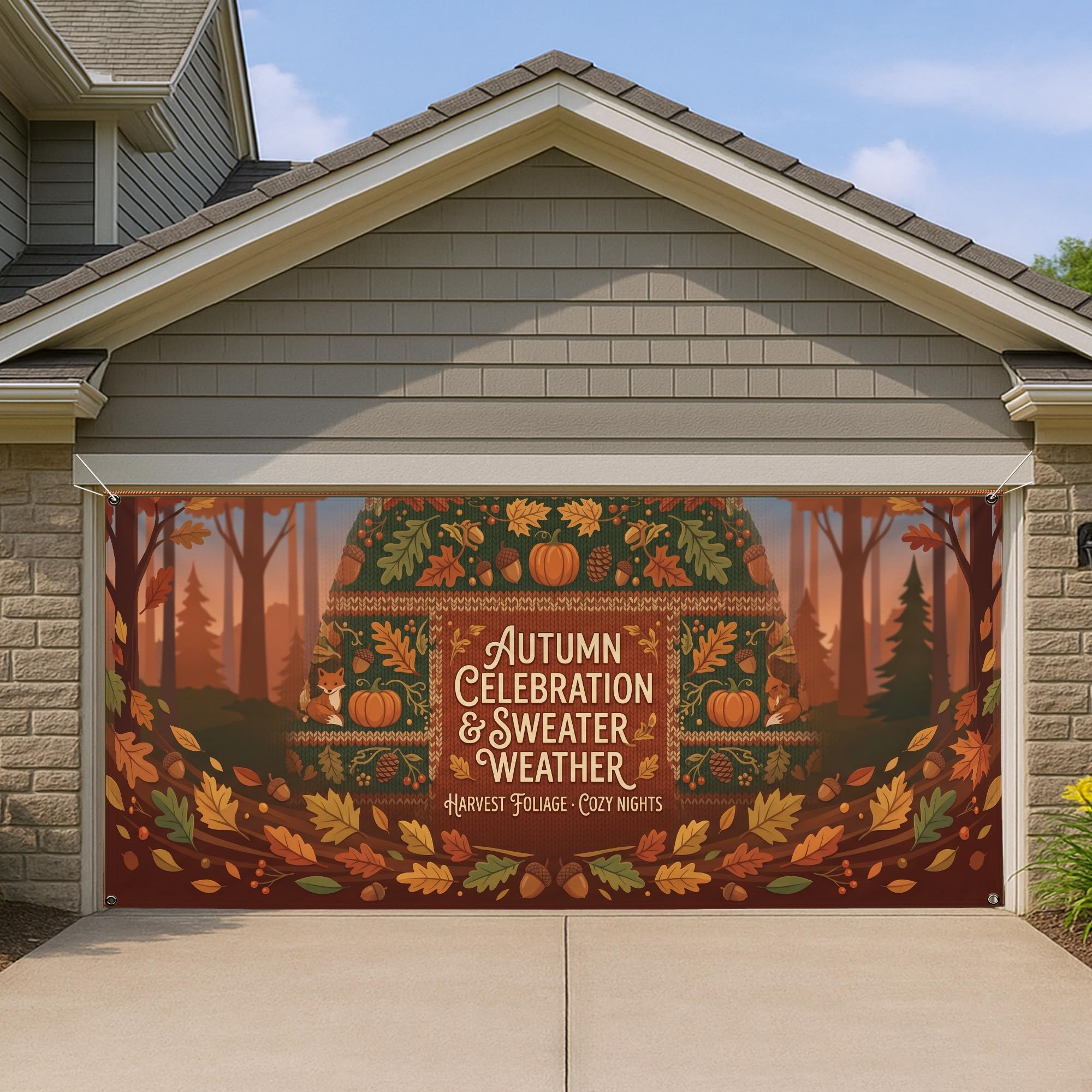 Mural de garaje otoñal de 157 x 71 para cubrir portones antiguos con diseño rústico de hojas