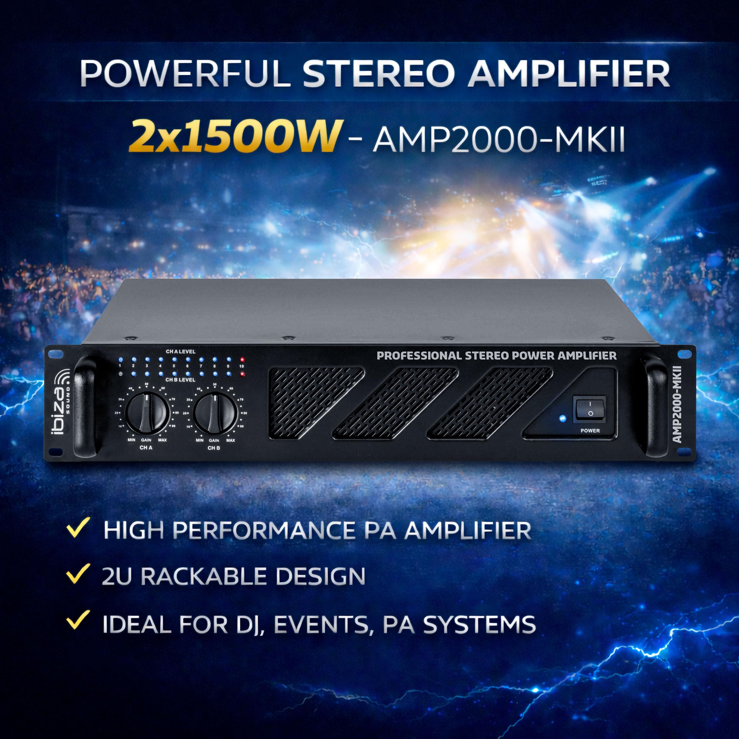 Ibiza AMP2000-MKII Amplificateur Sono Professionnel 2x1500W Stéréo Rackable 19” XLR/Jack Speakon/Bornier