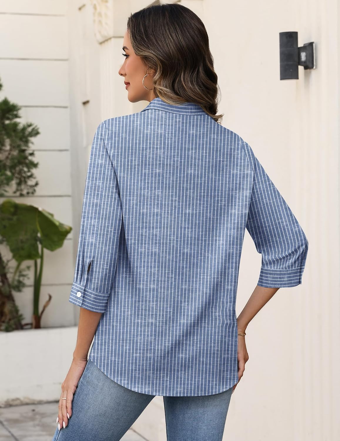 Zeagoo Button Down Shirts for Women 3/4 Sleeve Tops V Neck Collared Blouses Business Casual Outfits S-2XL - Image 5