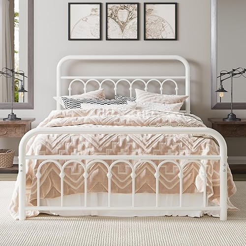 Miniatura 12 de Allewie Marco de cama de plataforma de metal tamaño Queen de 14 pulgadas con cabecero/pie de cama curvado de hierro forjado estilo victoriano, Negro