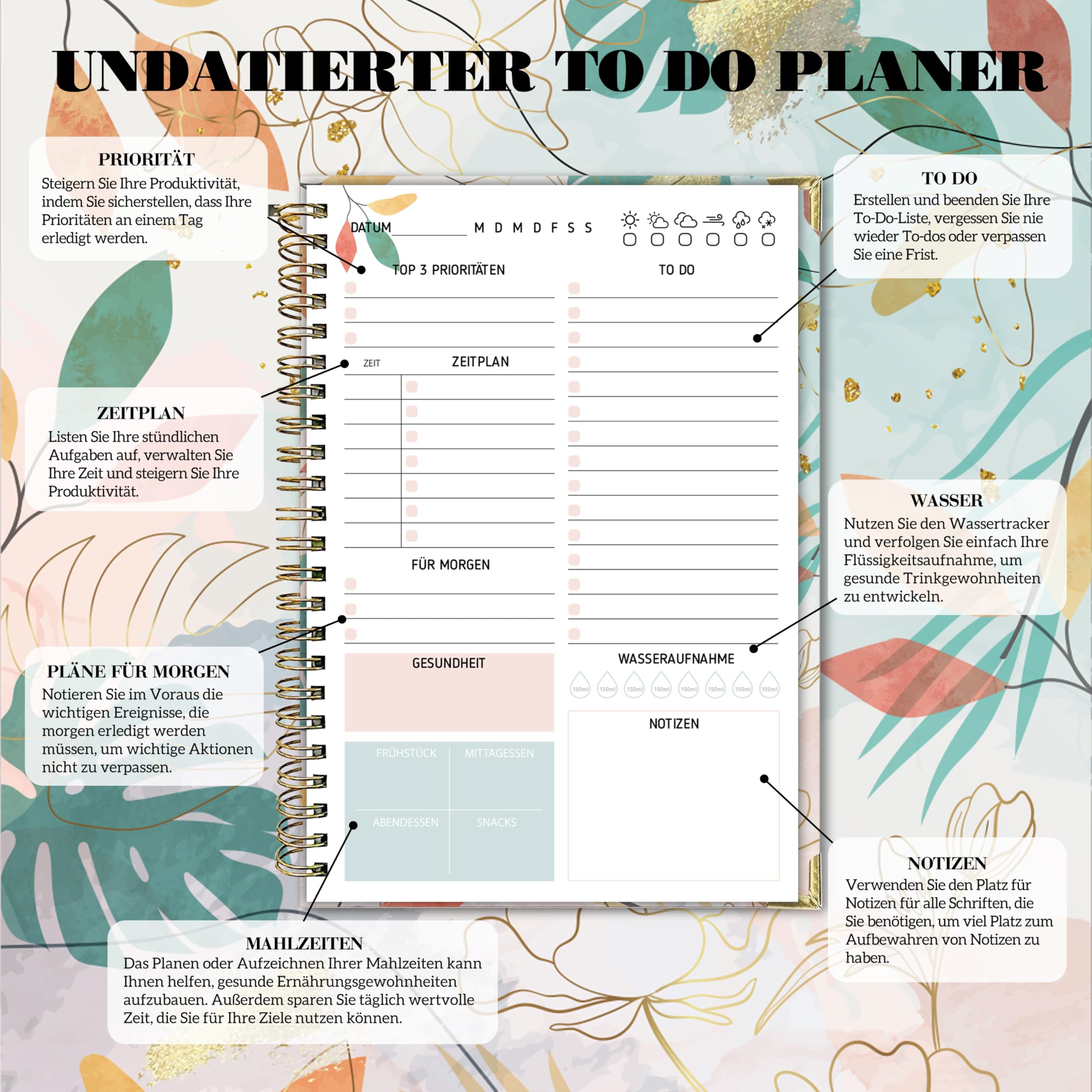 Tagesplaner Undatiert, Notizbuch Mit To Do Liste Aufgabenliste Terminplaner Spiralblock 120 Seiten 148x210mm Notizblöcke Hard Cover Tagesplanung Für Büro Schule Organizer, Pink