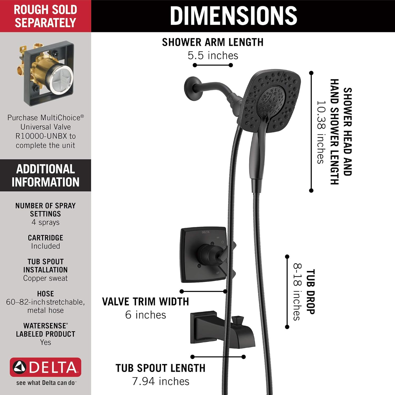 DELTA T17464-BL-I Ashlyn Monitor 17 Series Trim with In2ition Two-in-One Shower Tub & Shower, Without Rough, Matte Black - - 