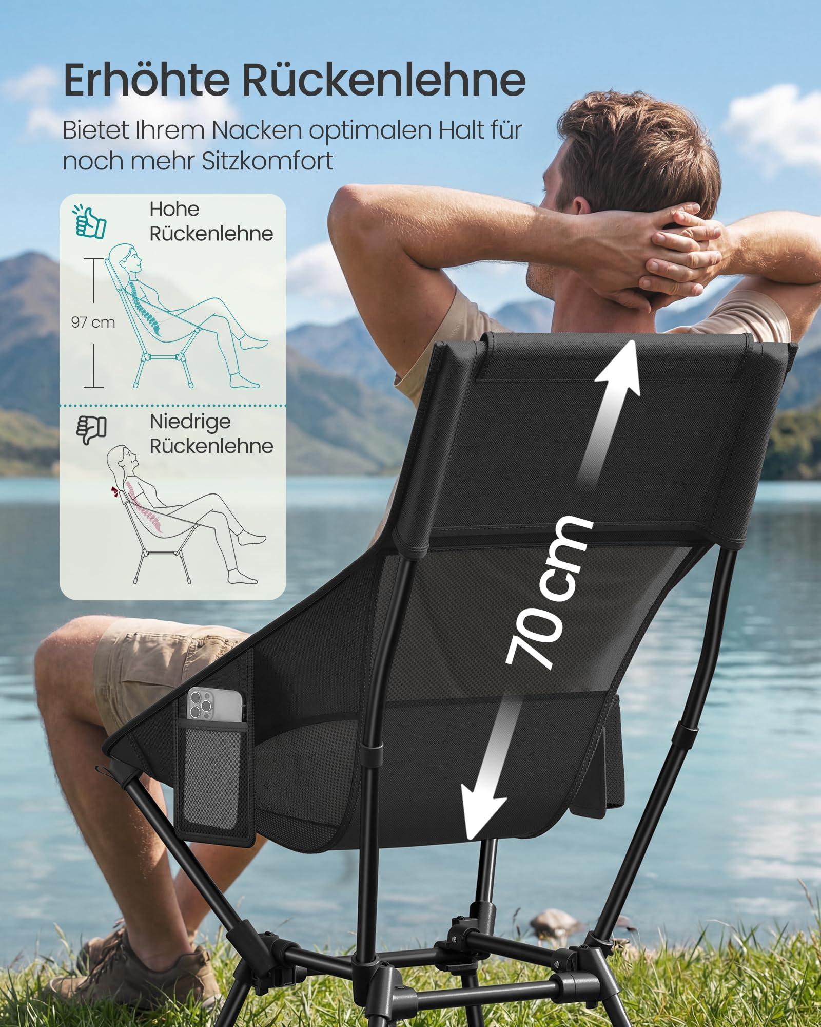 SONGMICS Campingstuhl, Strandstuhl hohe Rückenlehne, Gartenstuhl klappbar, höhenverstellbar, Stahlgestell, bis 150 kg belastbar, 2 Seitentaschen, Kopfstütze, Reisen, schwarz GCB051BZ01