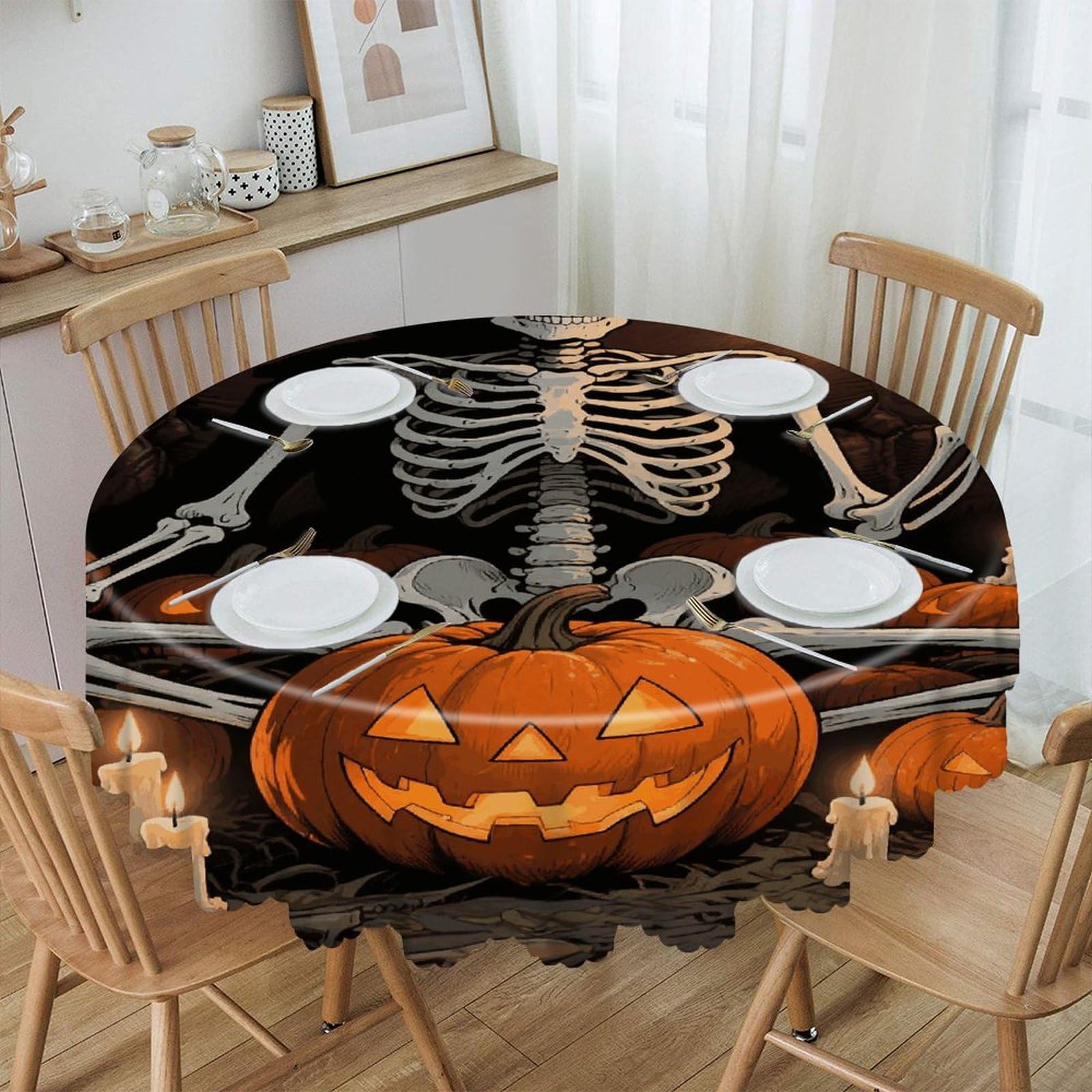 VstaDank Skull Pumpkin Round Tablecloth Wipeable Round Polyester Tablecloth Waterproof Wrinkle Free Indoor and Outdoor Table Cover 60 Inch Decorative Farmhouse Table Cloth for Dining
