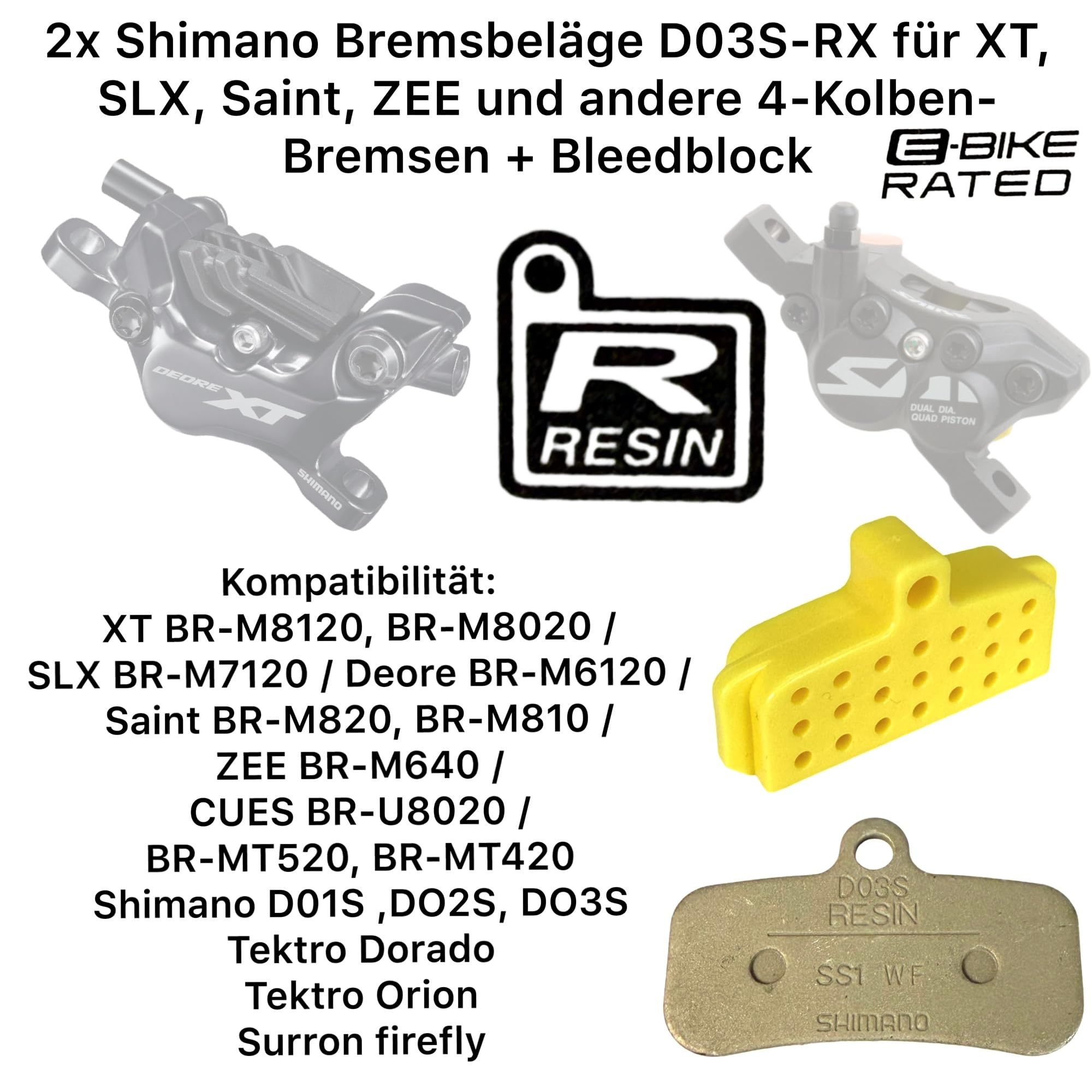BP-D03S-RX Lot de 2 paires de plaquettes de frein en résine d'origine compatibles avec Shimano (D01S, D02S) Freins à disque 4 pistons pour vélo VTT électrique Deore XT Saint Zee + bloc métallique | Freins à disque 4 pistons plaquettes de frein vélo VTT Eb