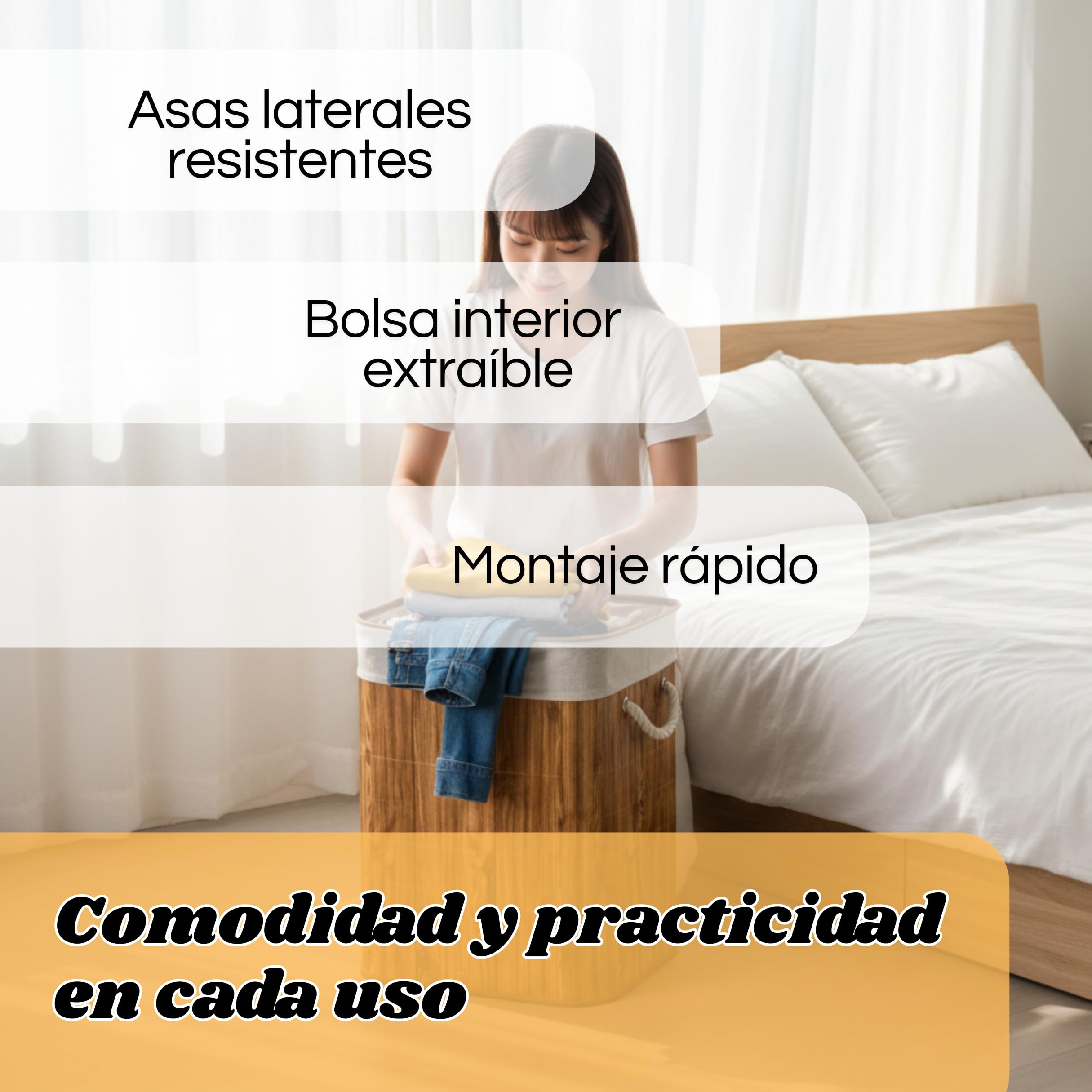 Weida Cesto de la Ropa Sucia de Bambú | Rectangular con Tapa y Asas Plegable | Bolsa Extraíble y Lavable |Moderno, para baño o Dormitorio | Marrón Madera (60cm-40cm-30cm Rectangular) - 4