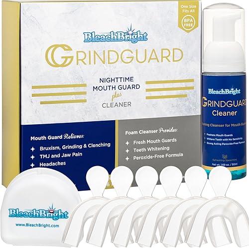 BleachBright GrindGuard - Protector bucal para rechinar los dientes por la noche, ayuda con apriete, bruxismo, ATM, dolor de mandíbula, limpiador de