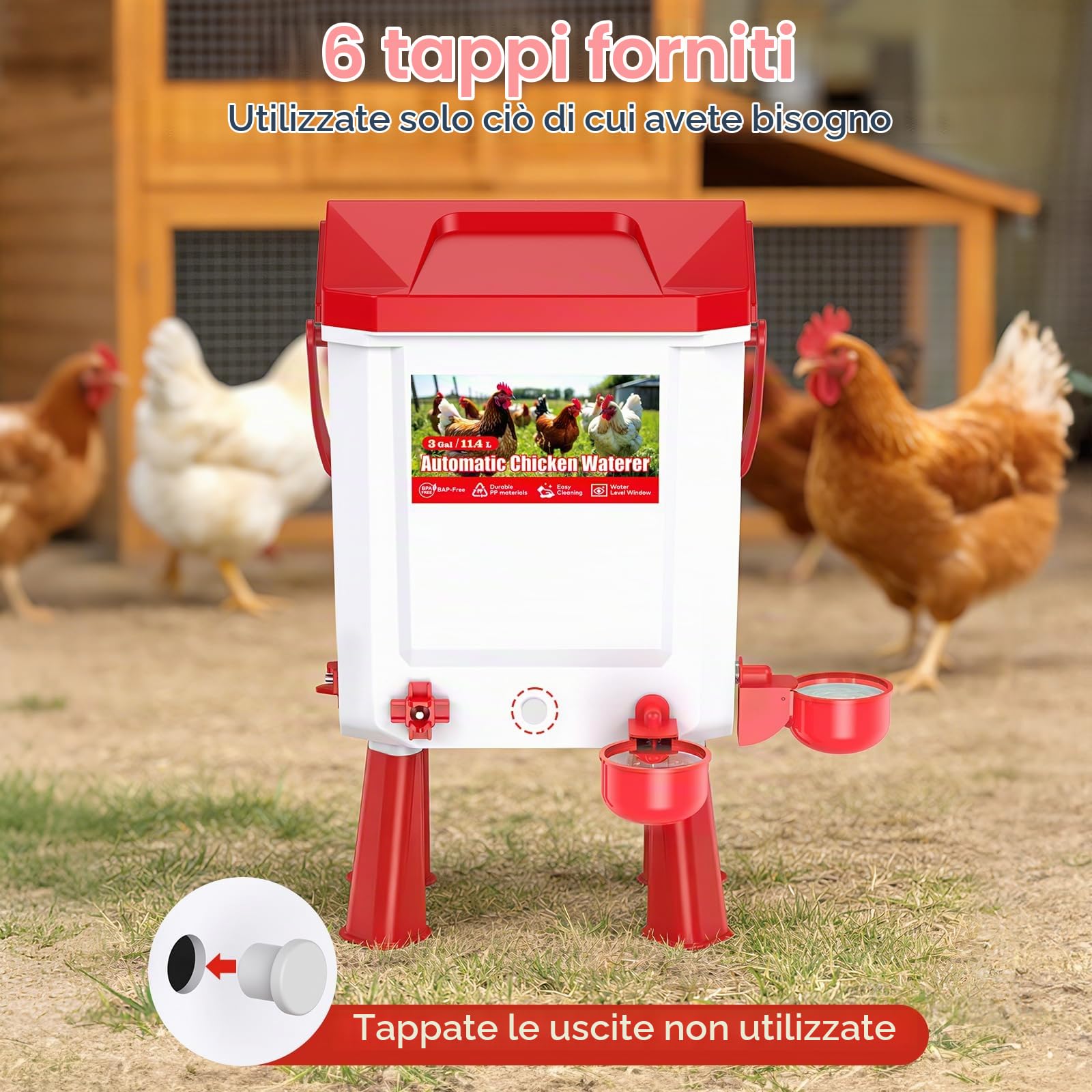 Abbeveratoio Galline Automatico 10 litri con Piedi, 8 Ciotole, Galleggiante Filtrato Controllato