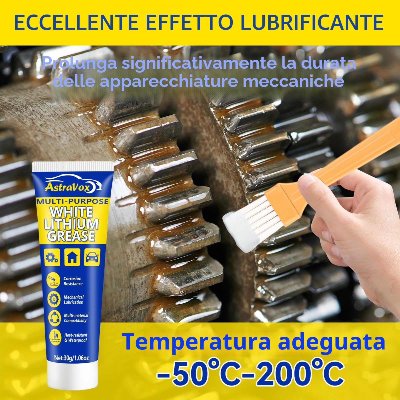 AstraVox Grasso al litio bianco, lubrificante multiuso con pennello per cerniere, cuscinetti, ingranaggi, ideale per uso automobilistico, nautico, industriale e domestico (1.06oz) (1)