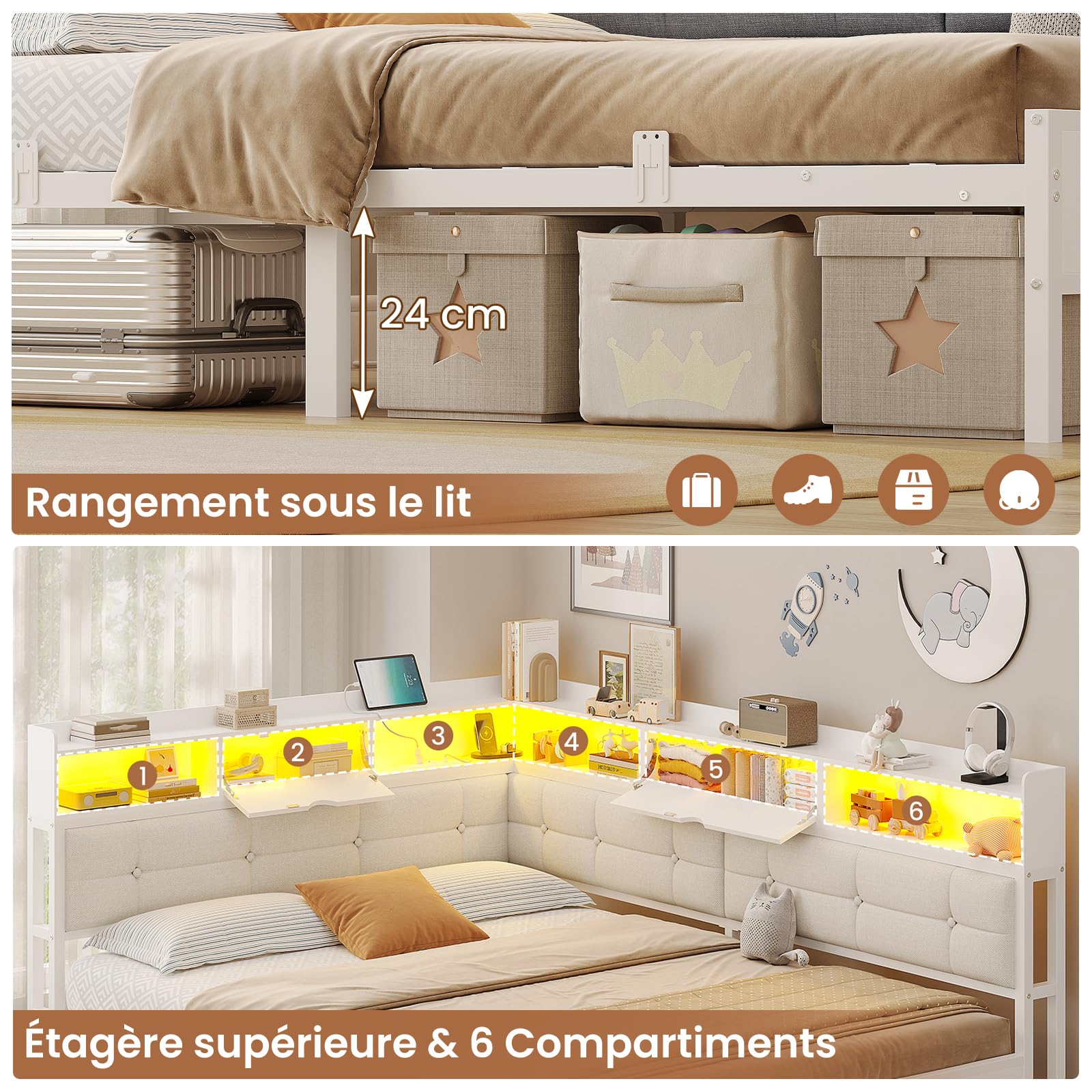 AOGLLATI Canapé-lit 140x190 avec Multiprise et Éclairage LED Réglable, Canapé-lit Convertible Capitonné avec 6 Compartiments et 24 cm d’Espace sous Lit (Beige, 140x190cm)