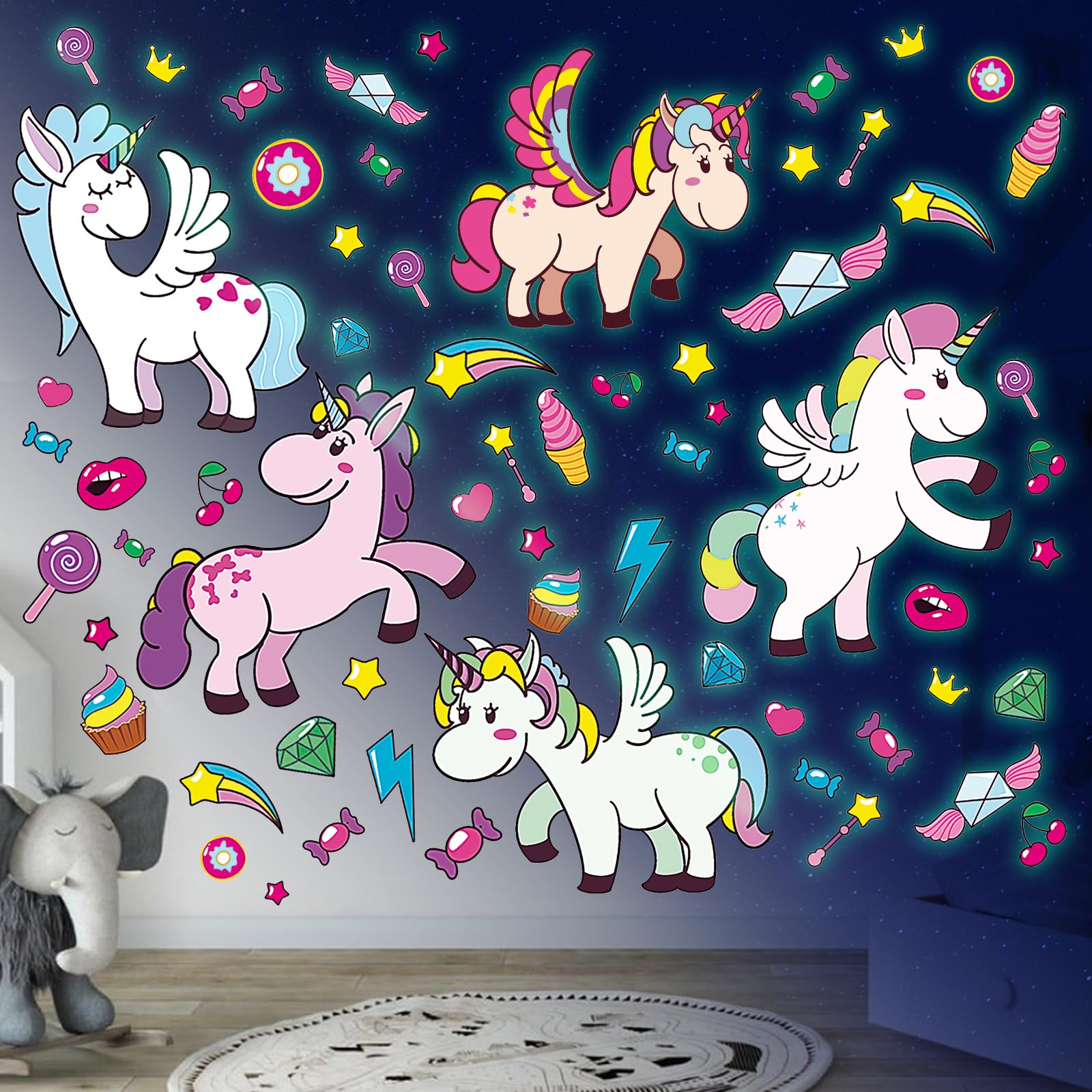 Einhorn Leuchtsticker Leuchtsterne Kinderzimmer Wandtattoo Leuchtend Wandaufkleber Leuchtaufkleber Selbstklebend Fluoreszierend Aufkleber Wanddeko für Mädchen Babyzimmer Deko Geschenke (Grün)