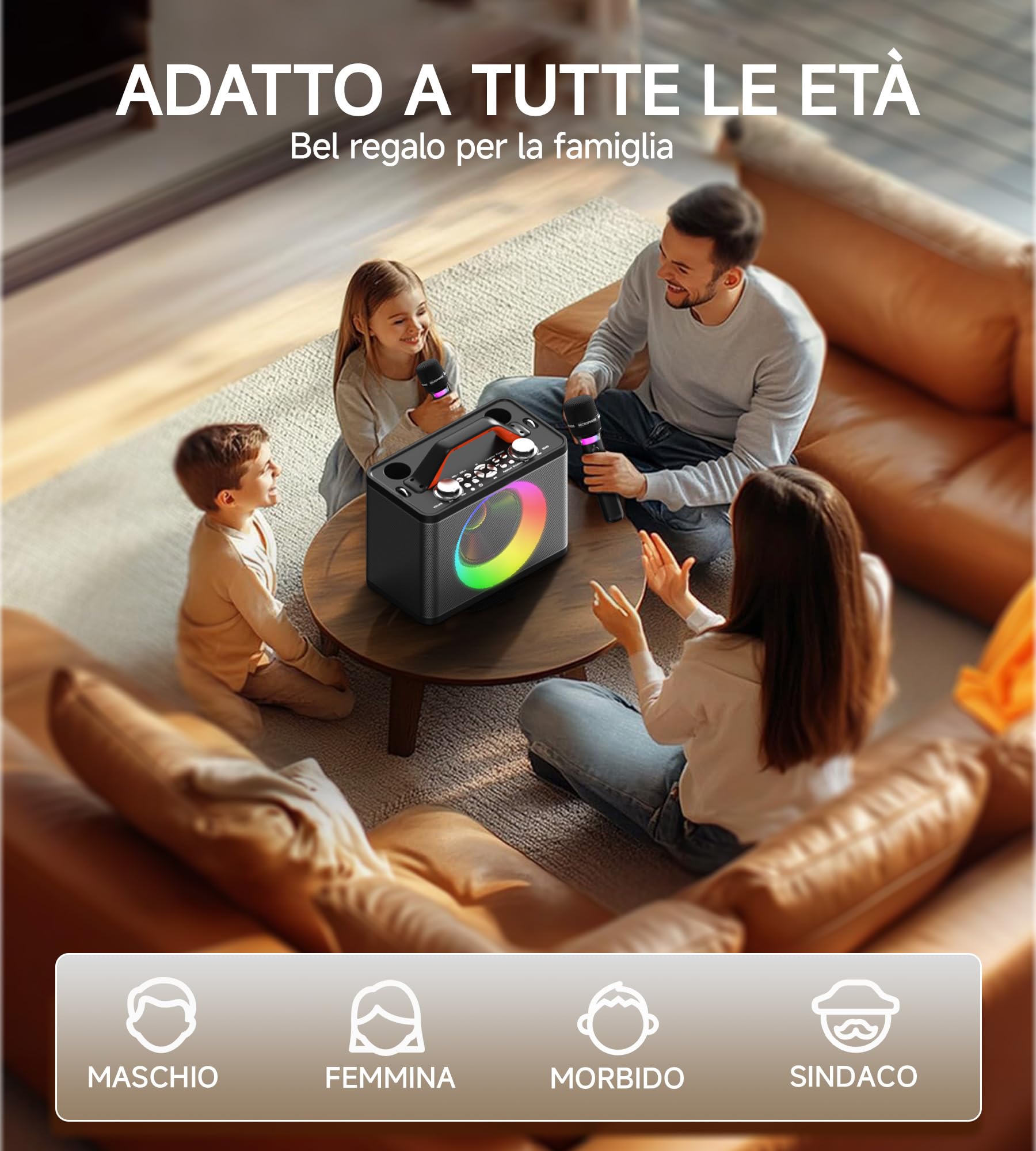 Macchina per karaoke con 2 microfoni wireless RGB, macchina per karaoke portatile da 5200 mAh con 10 modalità RGB, pannello di controllo indipendente, riproduzione 13H (Black x)