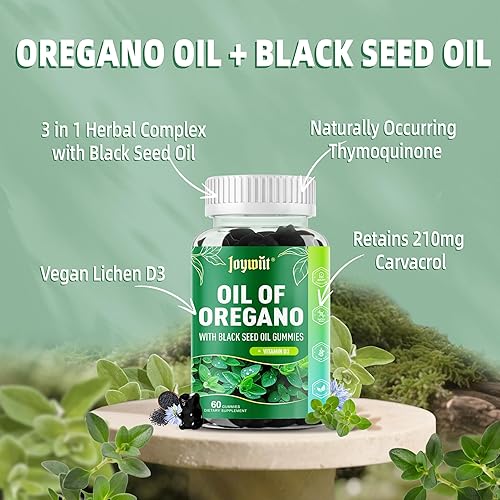 Miniatura 2 de Gomitas de aceite de orégano de 300 mg  Aceite de orégano con 200 mg de aceite de semilla negra + D3 1000 UI  Suplementos masticables de orégano