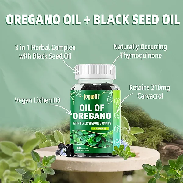 Oregano Oil Gummies 300mg | Oil of Oregano with 200mg Black Seed Oil + D3 1000IU | Organic Oregano Chewable Supplements | Carvacrol + Thymoquinone | Vegan, Non GMO | Immune & Gut Support | 60 Cts