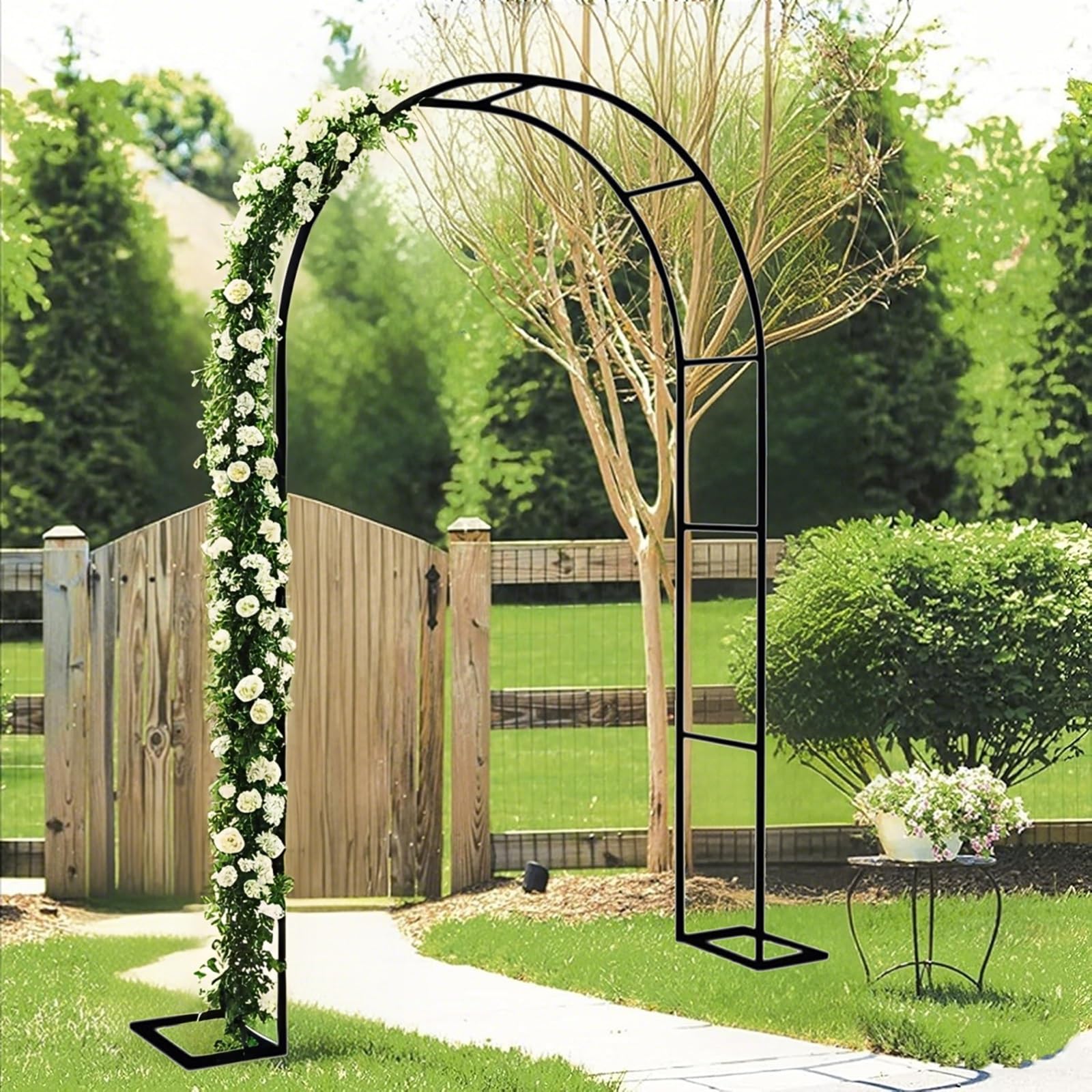 Gartenbogen Rankhilfe für Kletterrosen & Clematis Metall Pflanzenstütze mit Sockel & 10 Pflanzenclips Spalier B350 x H250 x T40 cm