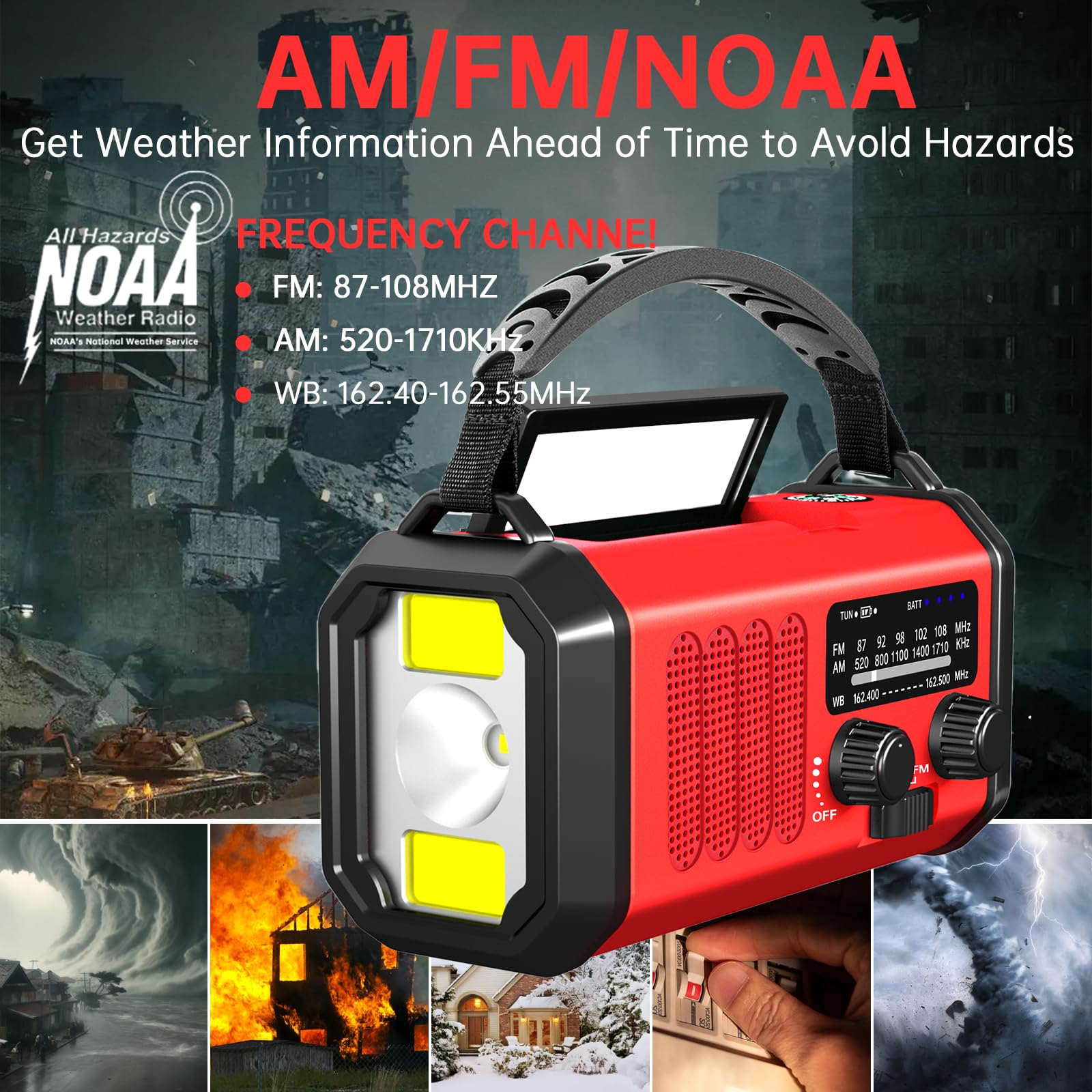 Radio d'urgence à manivelle solaire, radio météo AM/FM/NOAA intégrée 20 000 mAh, chargeur de type C, lampe de poche, lampe de lecture, SOS, compacte et portable pour camping/urgences
