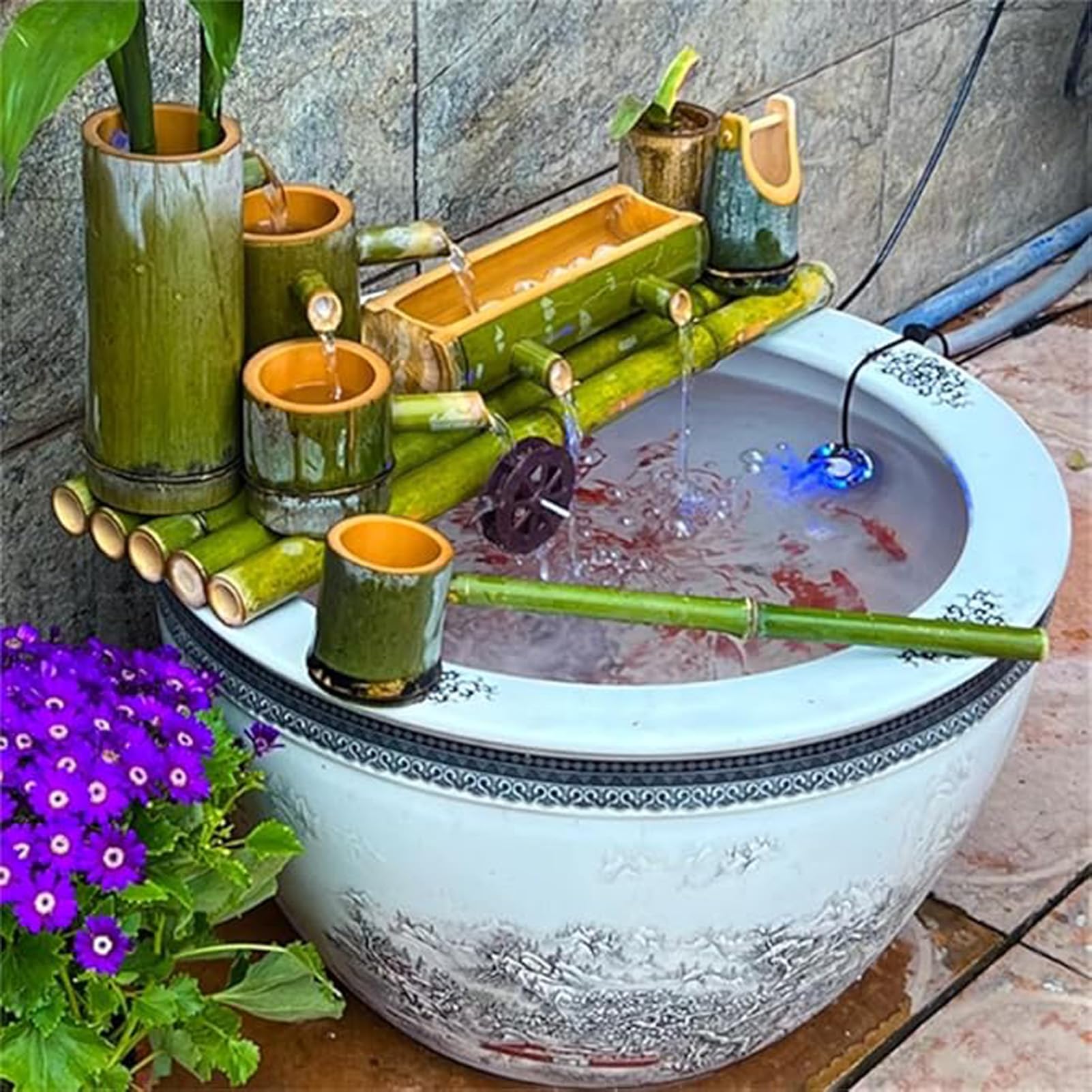 asdchZen Handmade Bamboo Fountain Kit With Pump, Zen Feng Shui Water Feature, Japanese Garden Water Wheel, Freestanding Circulating Fountain For Pond, Balcony, Yard, Terrace, 28In,35in(90cm)