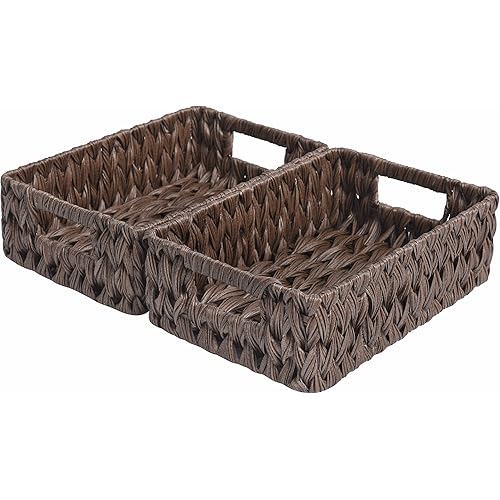 GRANNY SAYS Wicker Baskets with Handles,Small Woven Basket for Storage, Waterproof Storage Basket Organizer,Decorative Storage Boxes for Organing Pantry,Brown Basket,2-Pack,11 1/4''L x 7 1/2''W x 3 1/2''H