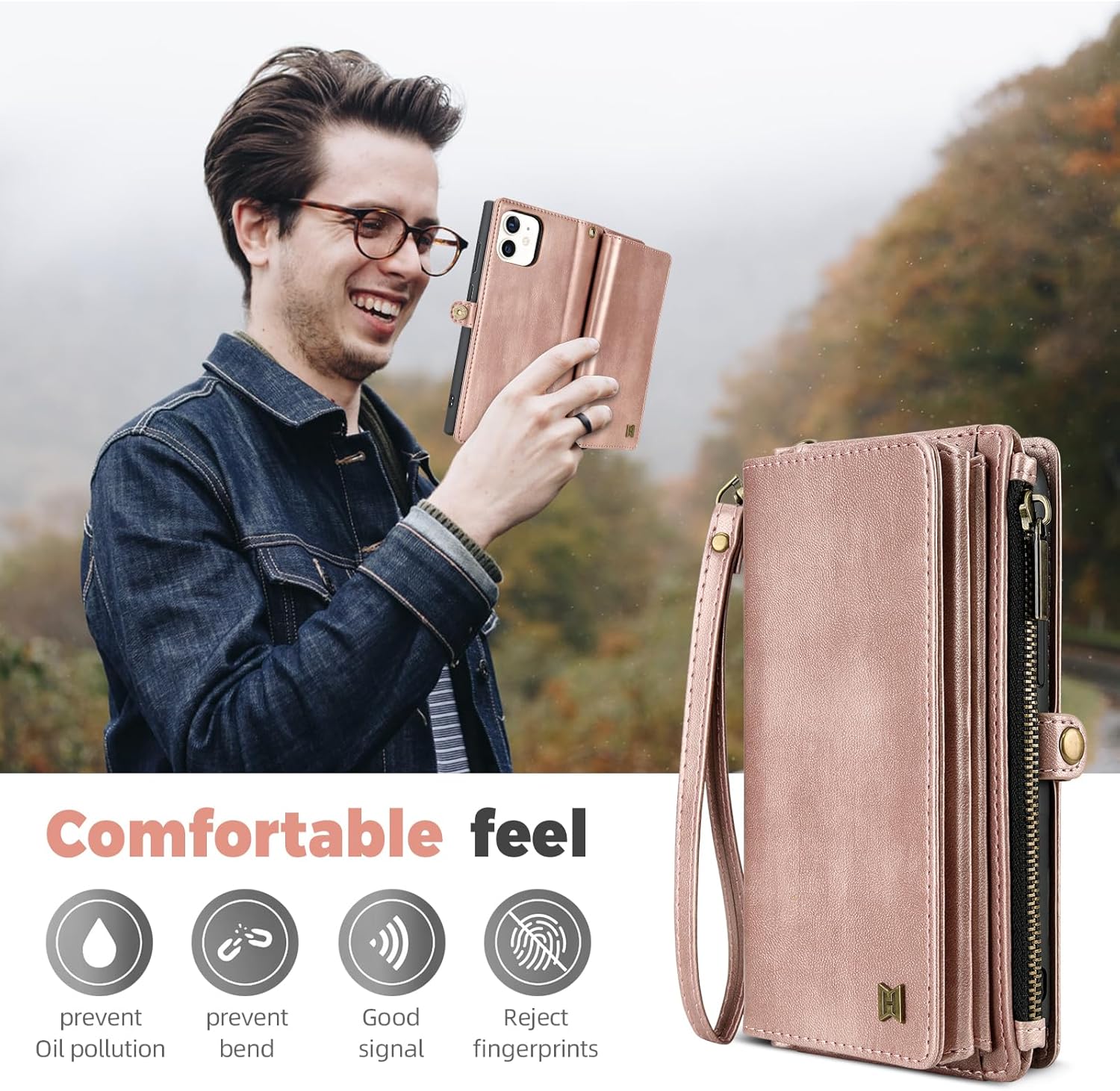 for iPhone 11 Wallet Case(Holds Lipstick, Headphones, etc.),2-in-1 Multi-Functional Portable Magnetic Faux Leather Phone Case with RFID Blocking,Shoulder Strap and Wrist Strap(Rose Gold)