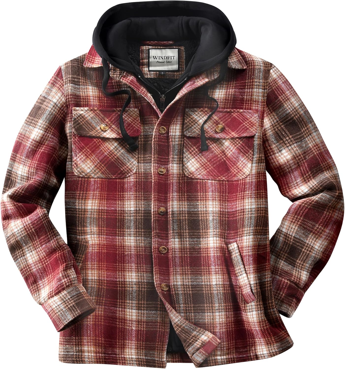 KOMANA Men's Zip Button Sherpa Plaid Flannel Shirt Jacket with Hood
