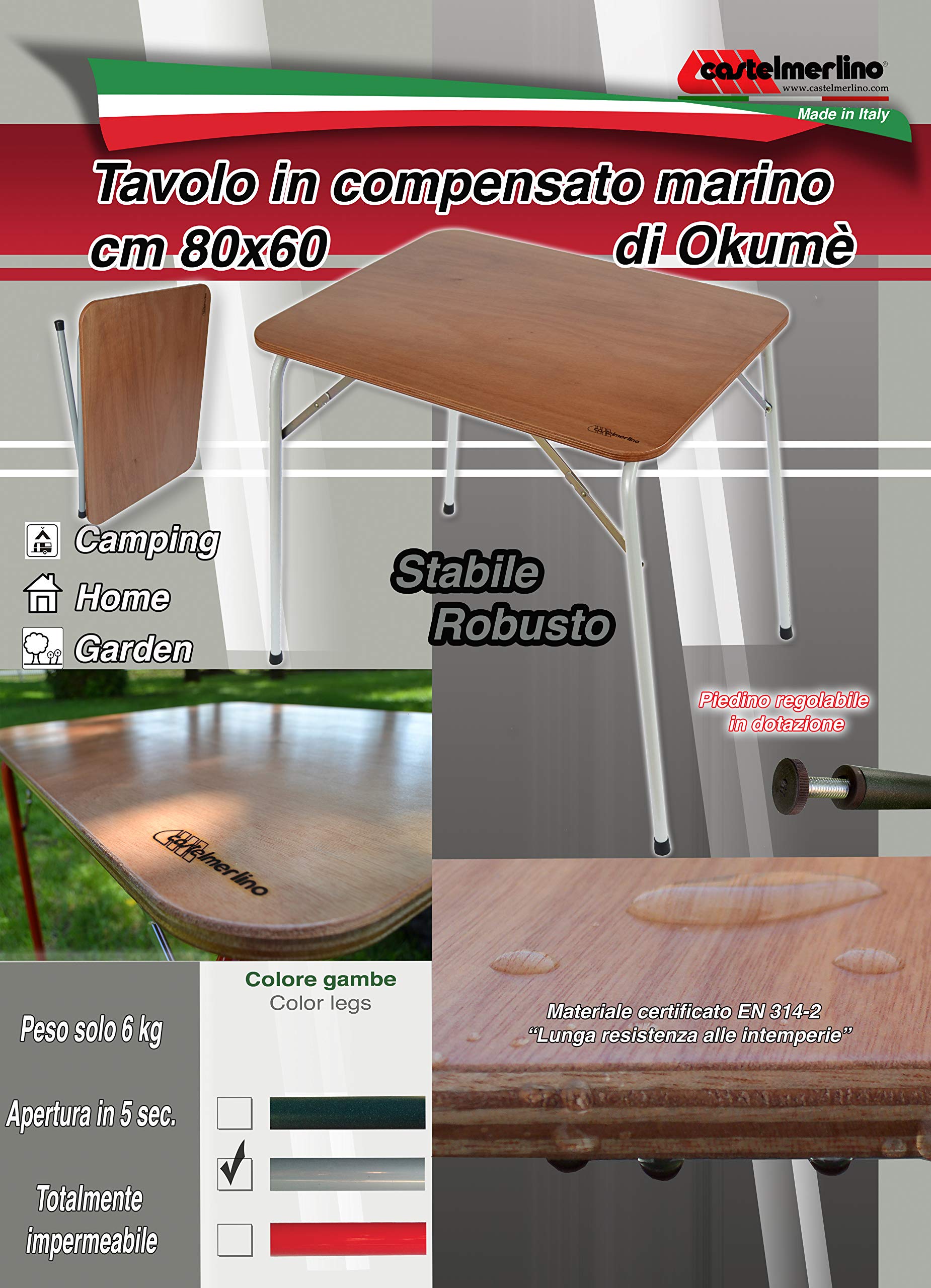 Castelmerlino Table pliante Okumè sol en contreplaqué marine 80x60 cm