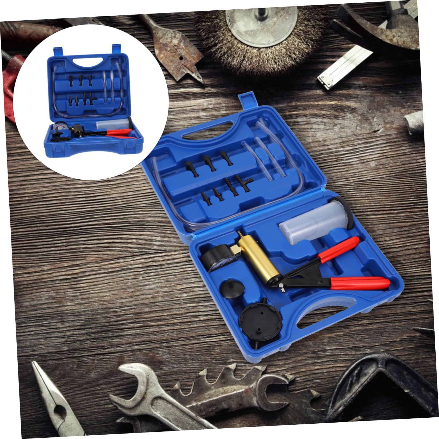 Bomba de Vacío Manual para Purgado de Frenos Adaptador Azul, Herramienta Portátil de Hierro y Plástico para Mantenimiento en Coches y Talleres