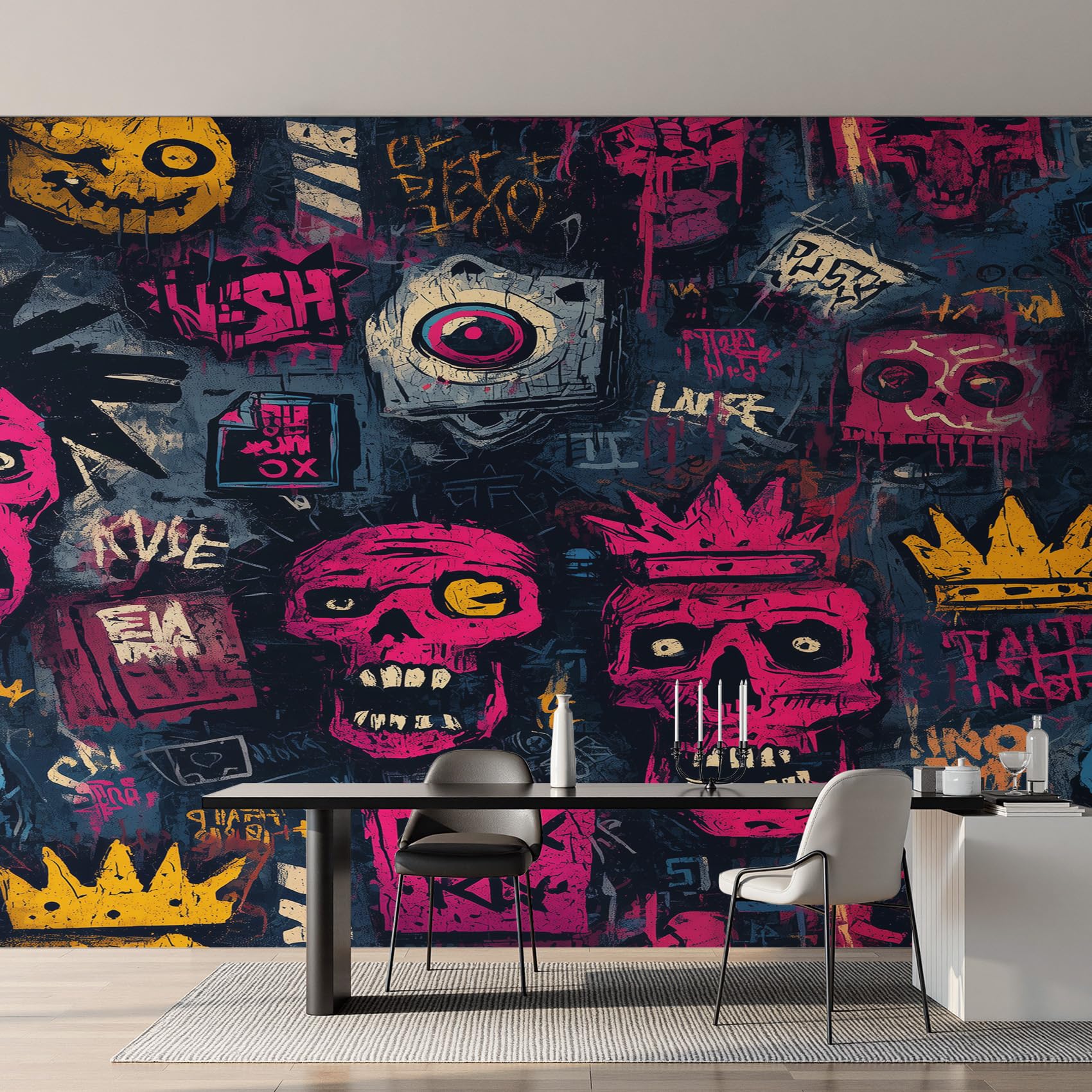 Generico Fotomurali Carta da Parati Graffiti Teschio, Carta da Parati Camera da Letto Scheletro Hip Hop Street Art Soggiorno Decorazioni Parete Tessuto Non Tessuto 280x200 W45