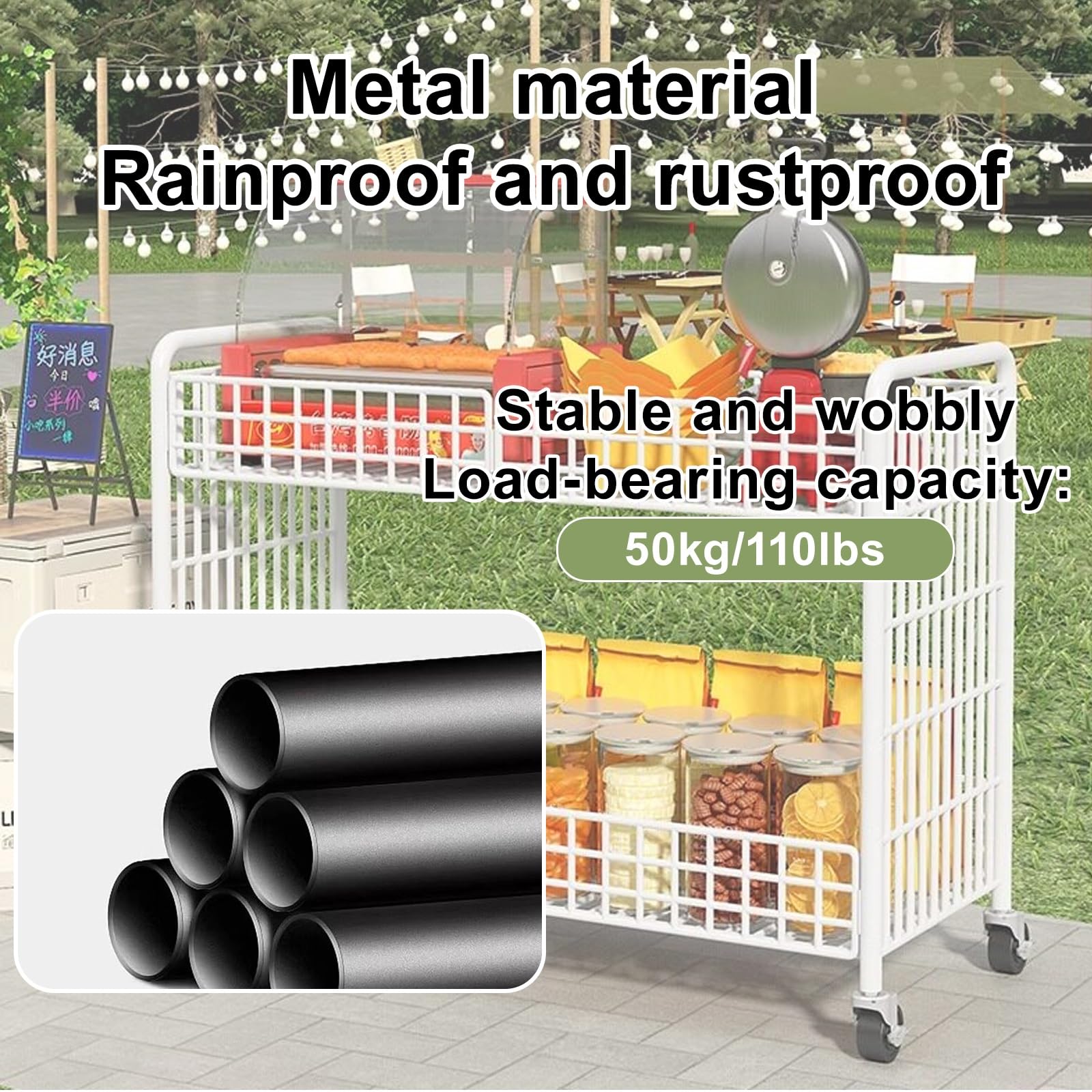 Carrello Pieghevole Portatile per Mercato, Scaffale in Metallo a 2 Ripiani per Vendita Ambulante, Espositore Mobile per Bancarelle(Black,80x55x85cm/31x22x33in)