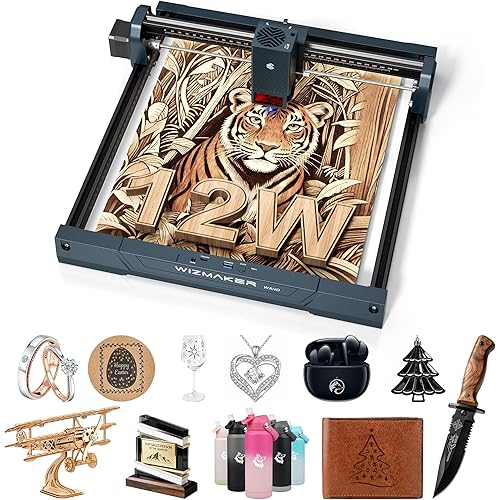 WIZMAKER Wand Laser Engraver 12000mW, Compact Desktop Engraving Cutting Machine for Wood DIY Crafts, Small Business STEM Makers, 300×300mm Work Area, for Home, Acrylic, Metal 12W Laser Cutter