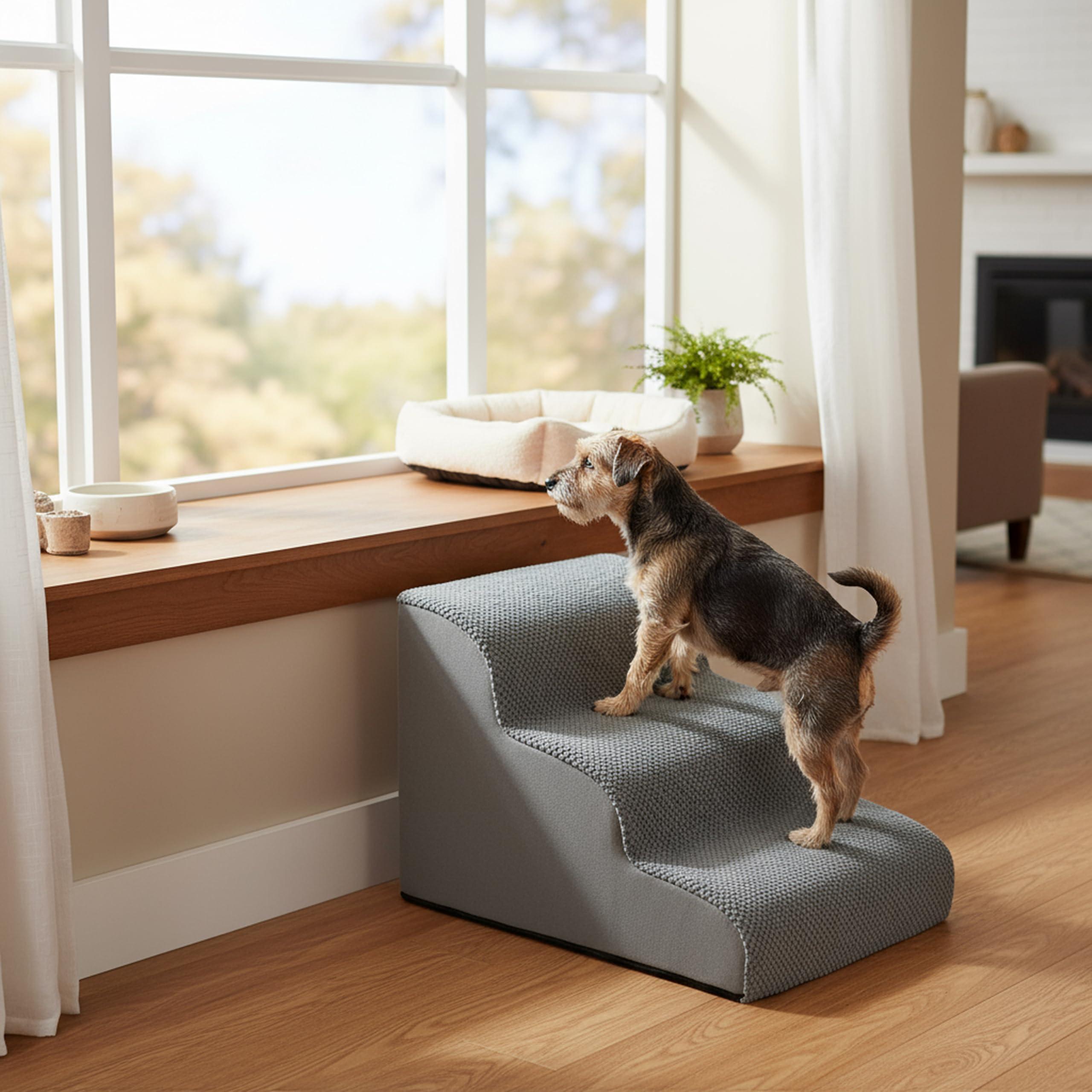 Scala per animali domestici 3 gradini PAWY Step 3 Cani scale con rivestimento lavabile, lampada antiscivolo per cani grigio