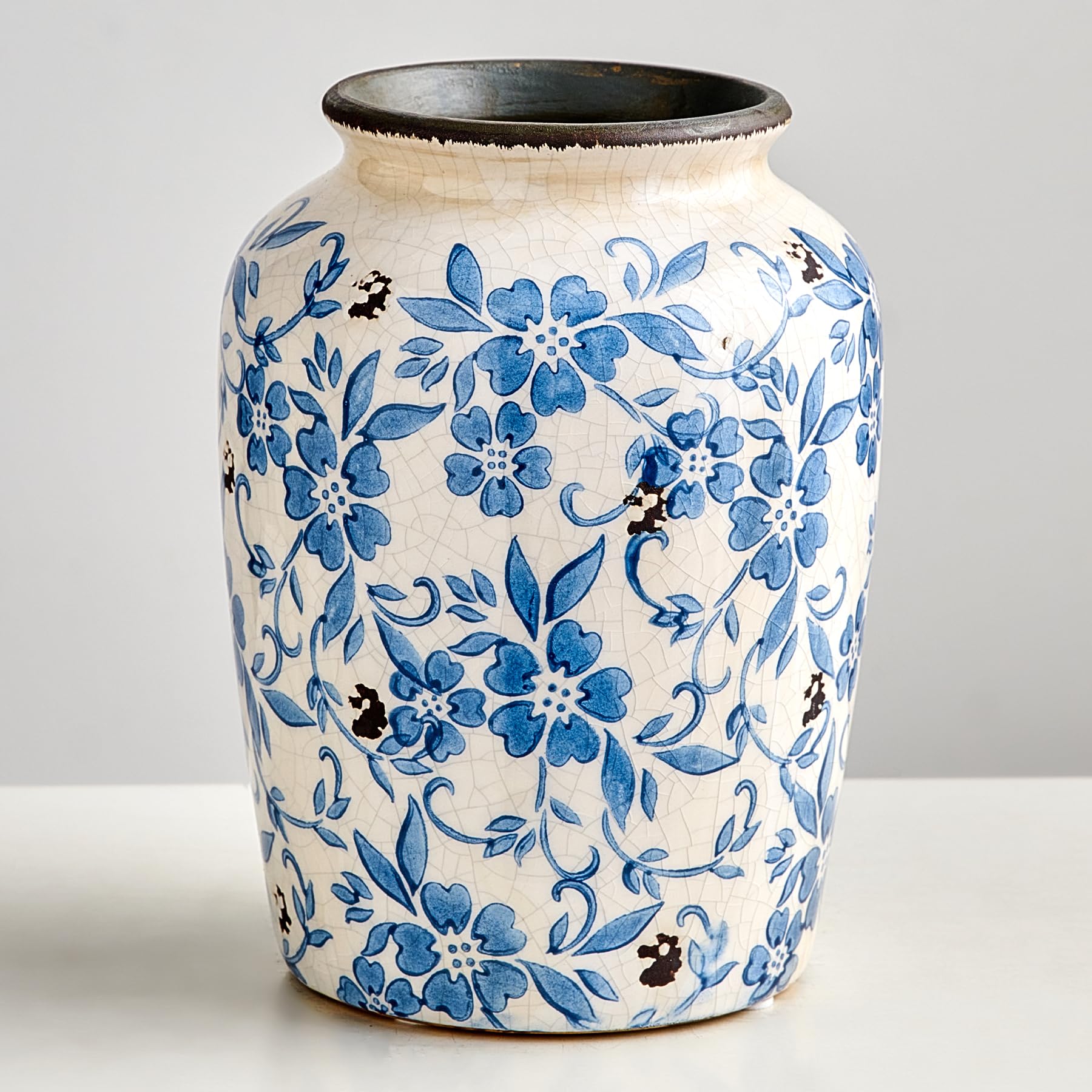 Jarrón de cerámica azul y blanco para decoración de hierba de las Pampas, jarrones chinoiserie, jarrón de flores para casa, salón, estantería, mesa central