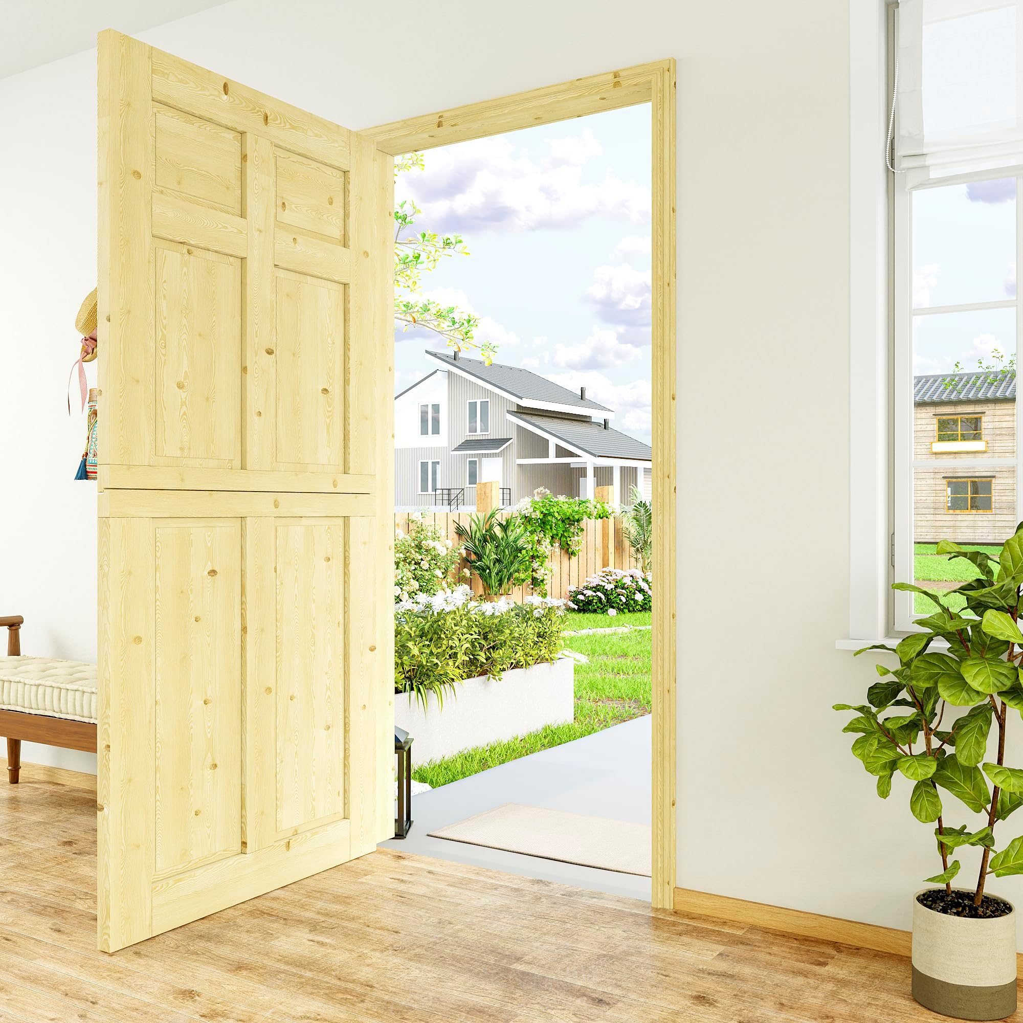Exterior Dutch Doors (Front/Back), 36"x80" - 1.75" Thick Solid Pine Wood Interior Dutch Door with 6 Lite Panel, Slab for Laundry/Utility Room Door (4 Hinged +1 Latch + 1 Slab)