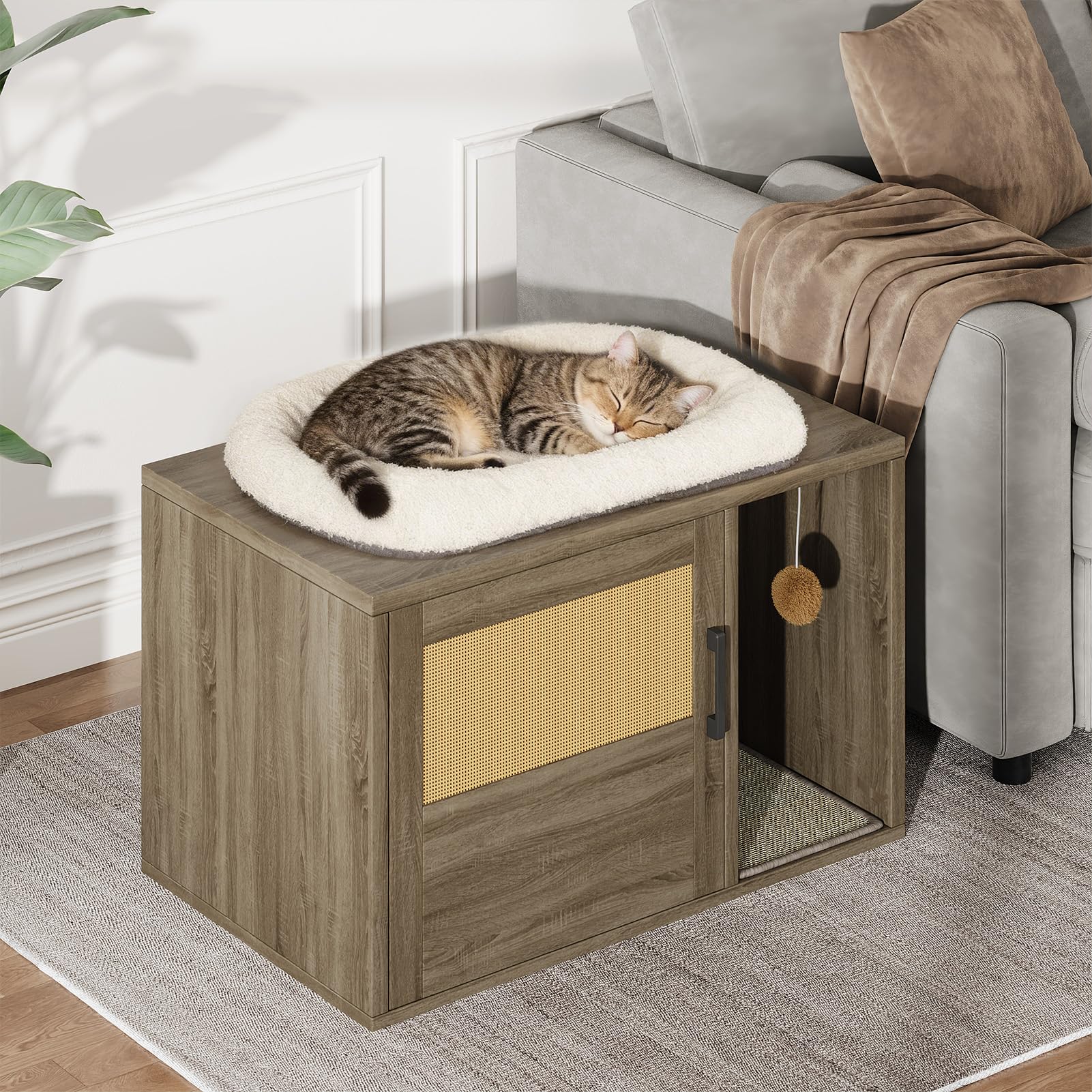 Hidden Cat Litter Box Enclosure with Cat Scratch Pad, Farmhouse Enclosed Cat Cabinet Litter Box Furniture with Bell, 31.5x19.69x19.69 in - image 4