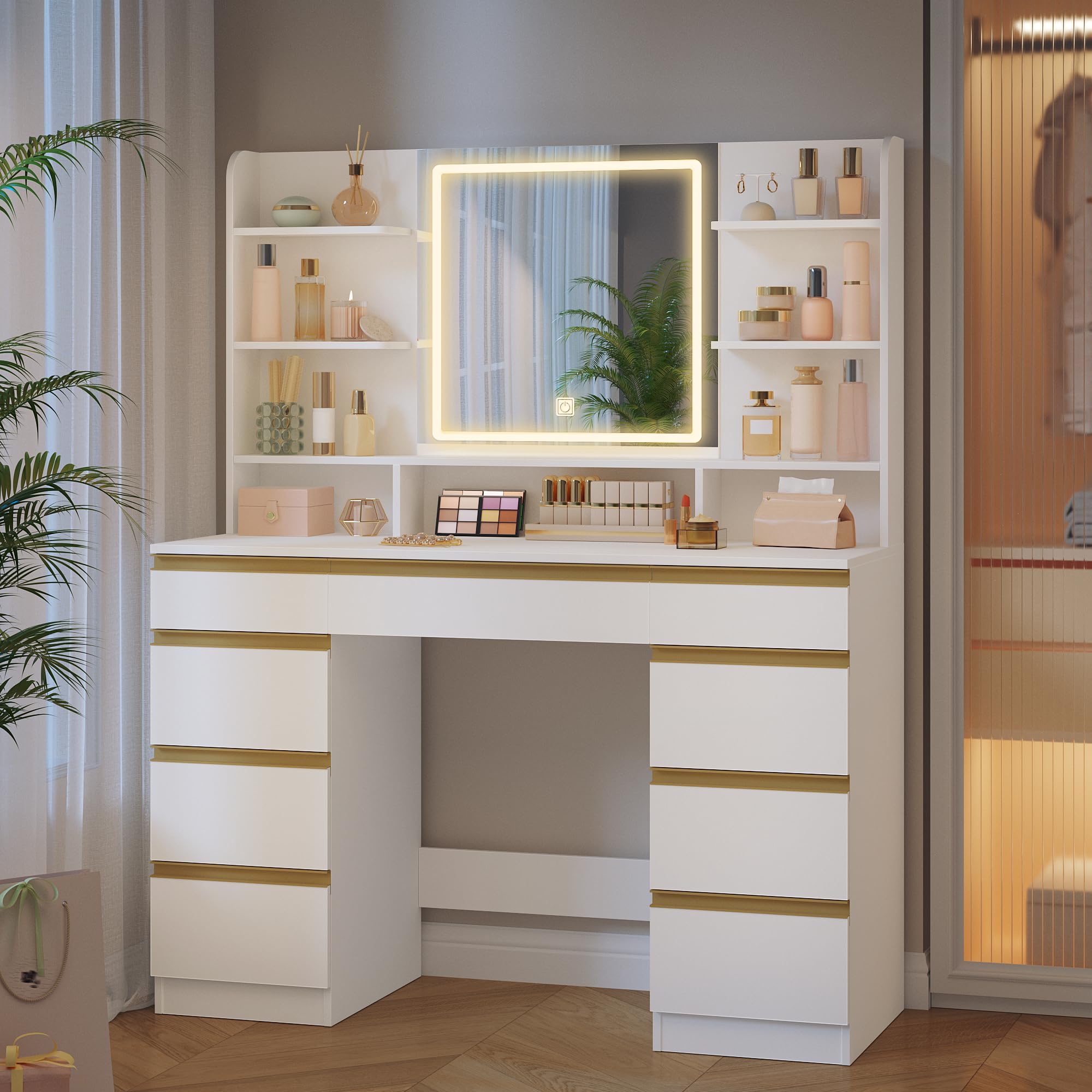 Hzuaneri Toeletta da Trucco Grande con Illuminazione a LED, 3 Colori, Luminosità Regolabile, Tavolo da Trucco con Specchio, 9 Cassetti, 9 Ripiani Aperti, Stile Moderno, Bianco-Oro DT41903X