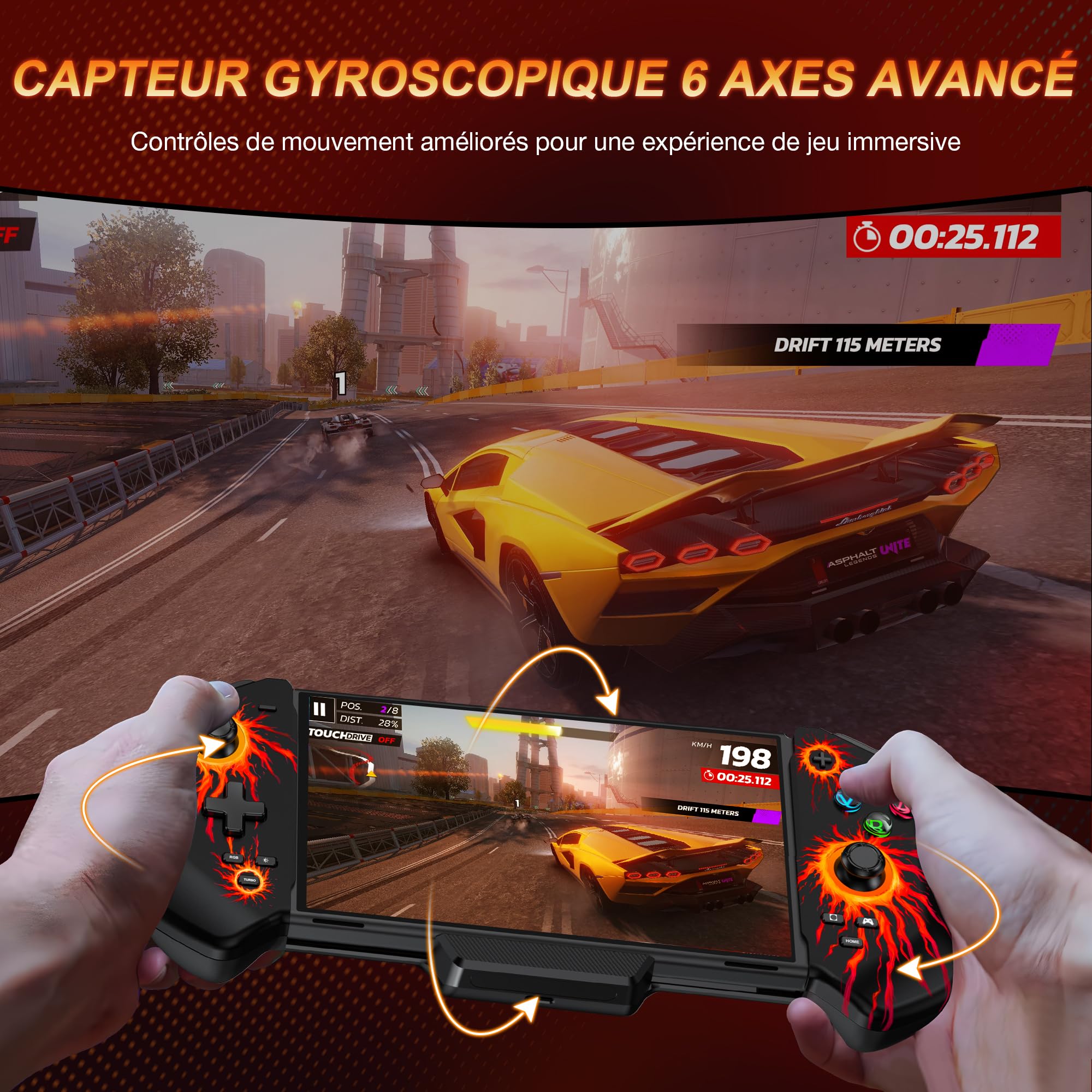 HASACOOL Manette Switch, Switch Manette pour Switch/OLED Mode Portable avec Bâtons à Effet Hall/Turbo/Support de Table/Gyroscope à 6 Axes, Grande Poignée Manette de Switch(Feu)