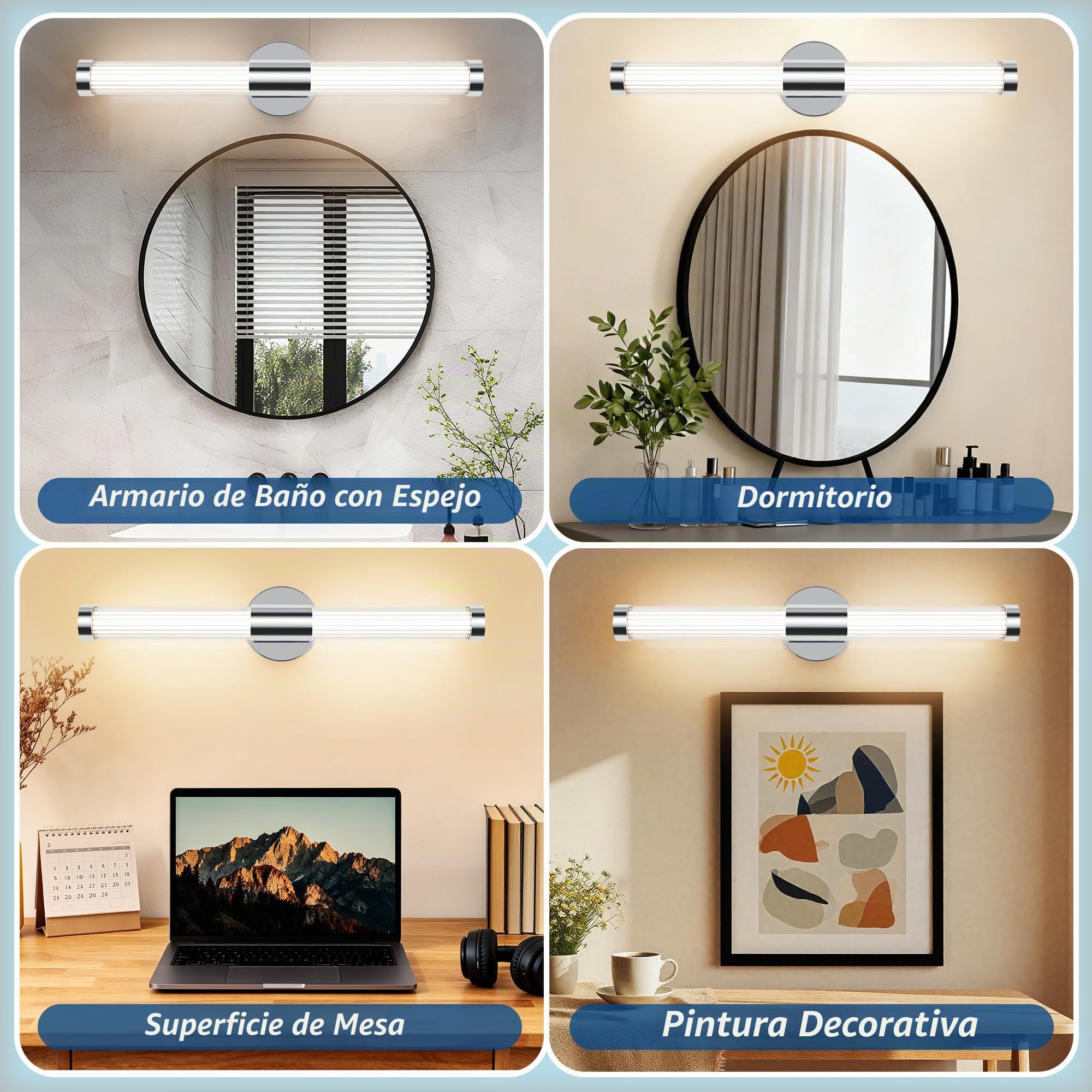 MantoLite LED Lámpara para espejo de baño - 60,5 cm IP44 Lámpara para espejo de baño 360° Lámpara de pared moderna para interiores 12 W 3 CCT Ajustable Lámpara para cuadros Cromo