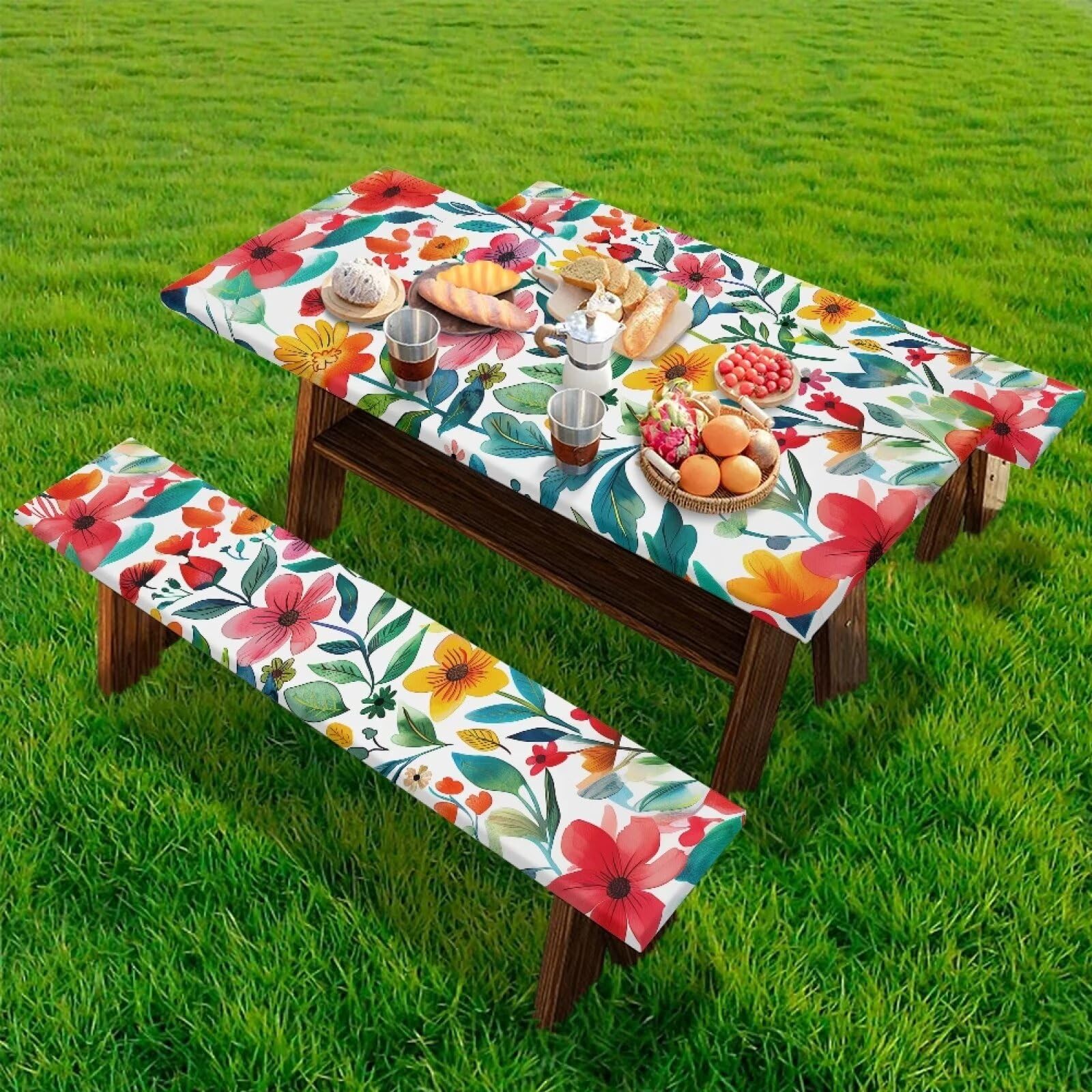 Flashideas Floral Print Picnic Table Cover with Bench Covers Set for Outdoor and Camping Camping Essentials Accessories with Elastic RV Camping Accessories and Camper Must Haves