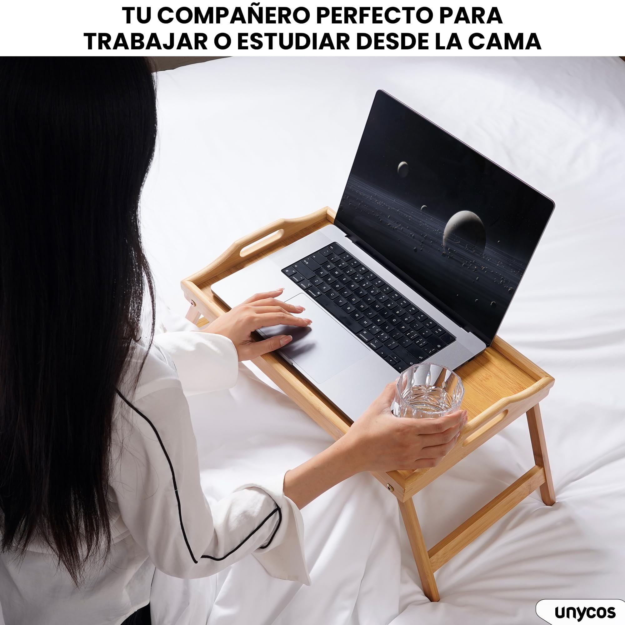 unycos - Bandeja para Cama de Bambú, Mesa Plegable Natural de Desayuno con Borde Alto, Auxiliar para Ordenador Portátil, Ideal para Trabajar, Leer o Comer en la Cama 50x30x22,3 cm (Mesa de Almuerzo)